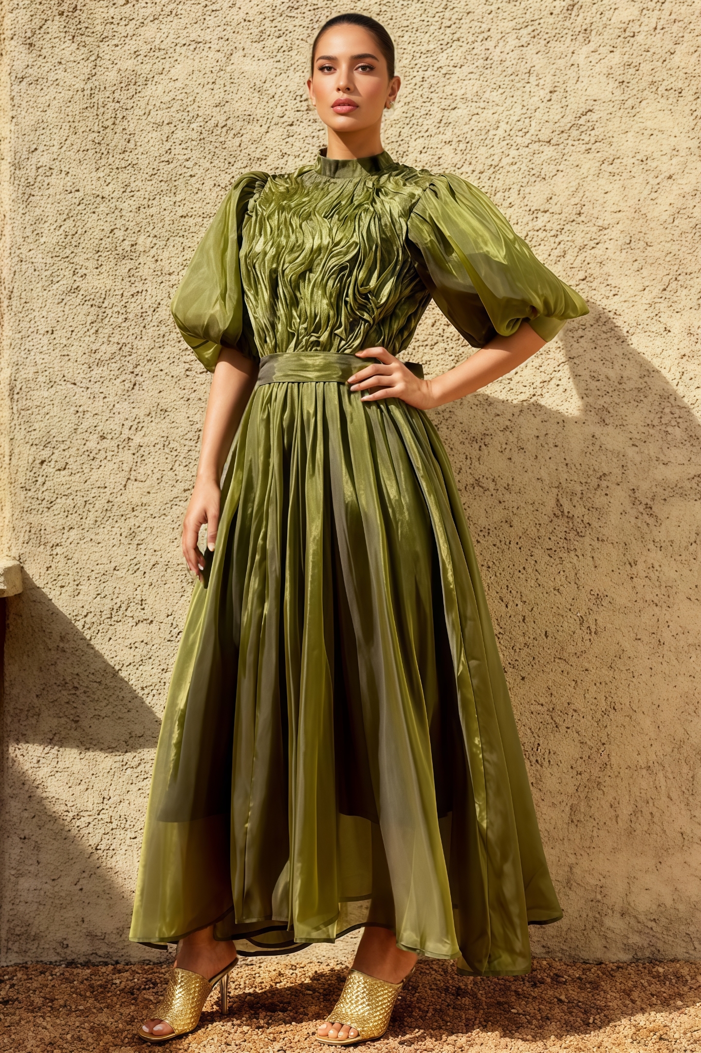 Allan Green Puff Sleeve Ruffle Maxi Dress