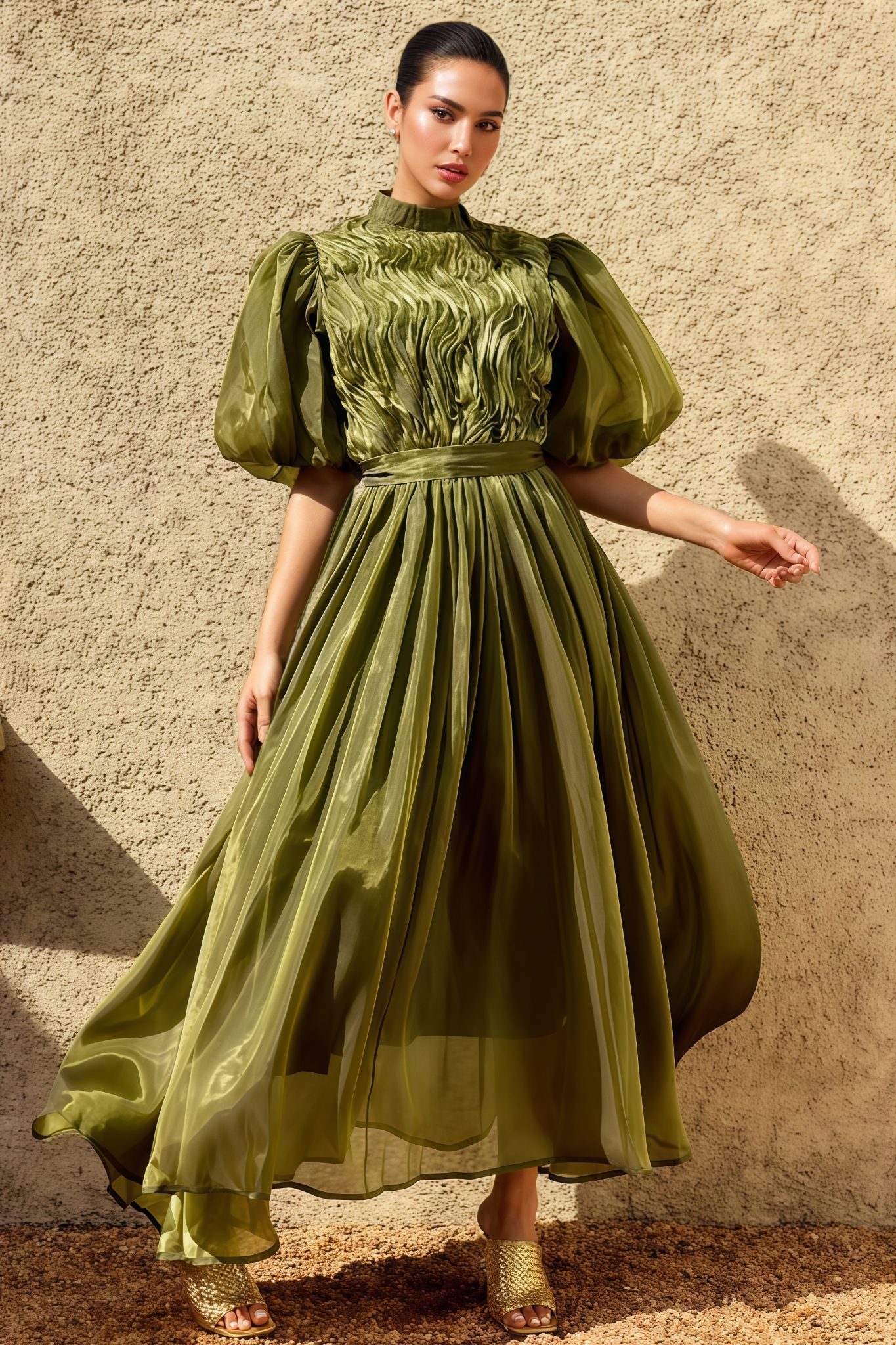 Allan Green Puff Sleeve Ruffle Maxi Dress