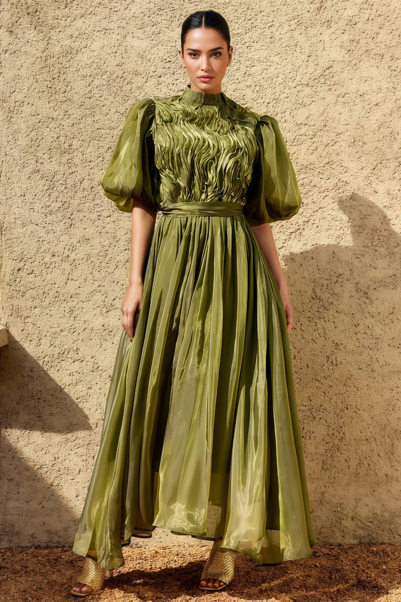 Allan Green Puff Sleeve Ruffle Maxi Dress