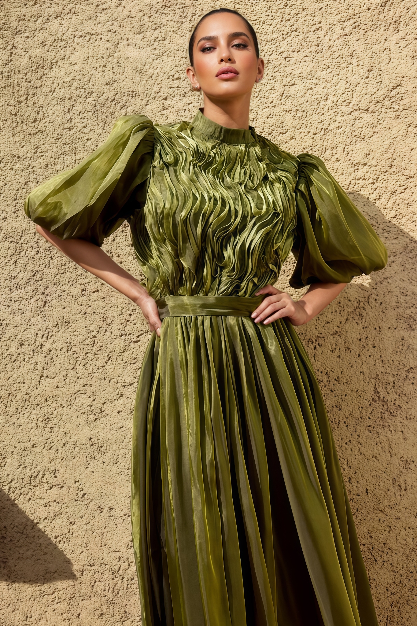Allan Green Puff Sleeve Ruffle Maxi Dress