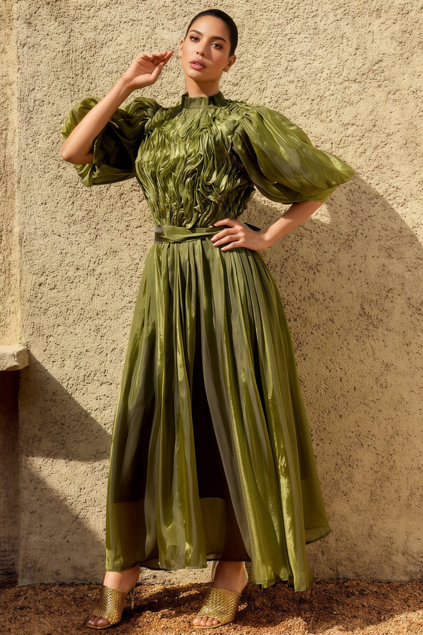 Allan Green Puff Sleeve Ruffle Maxi Dress