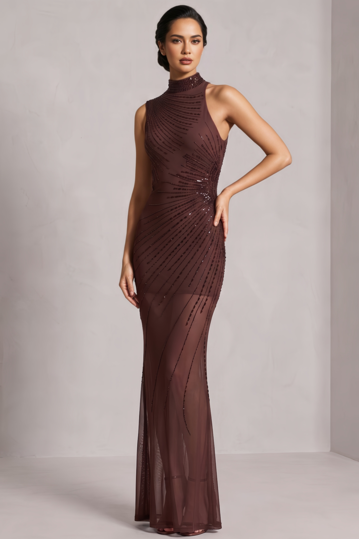 Nlivia Brown Sleeveless Rhinestone Maxi Dress
