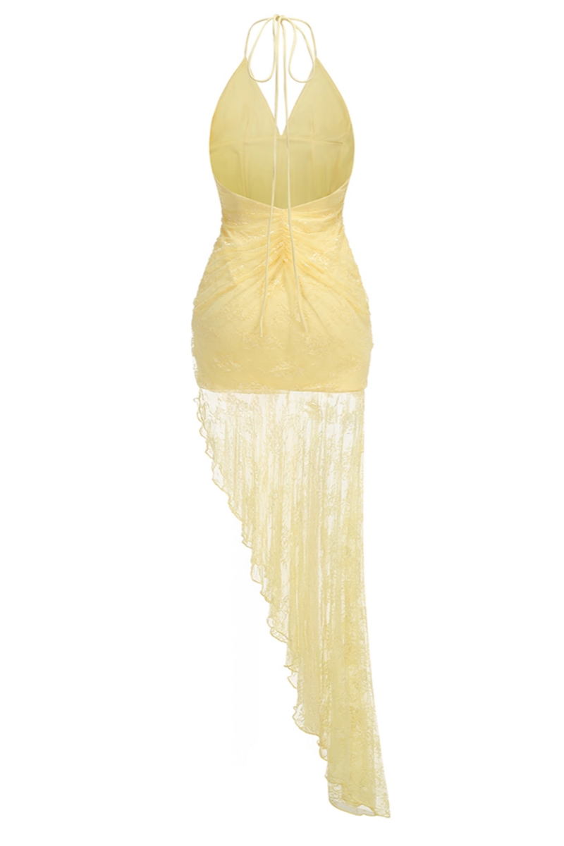 Mlive Yellow Halter Neck Lace Maxi Dress