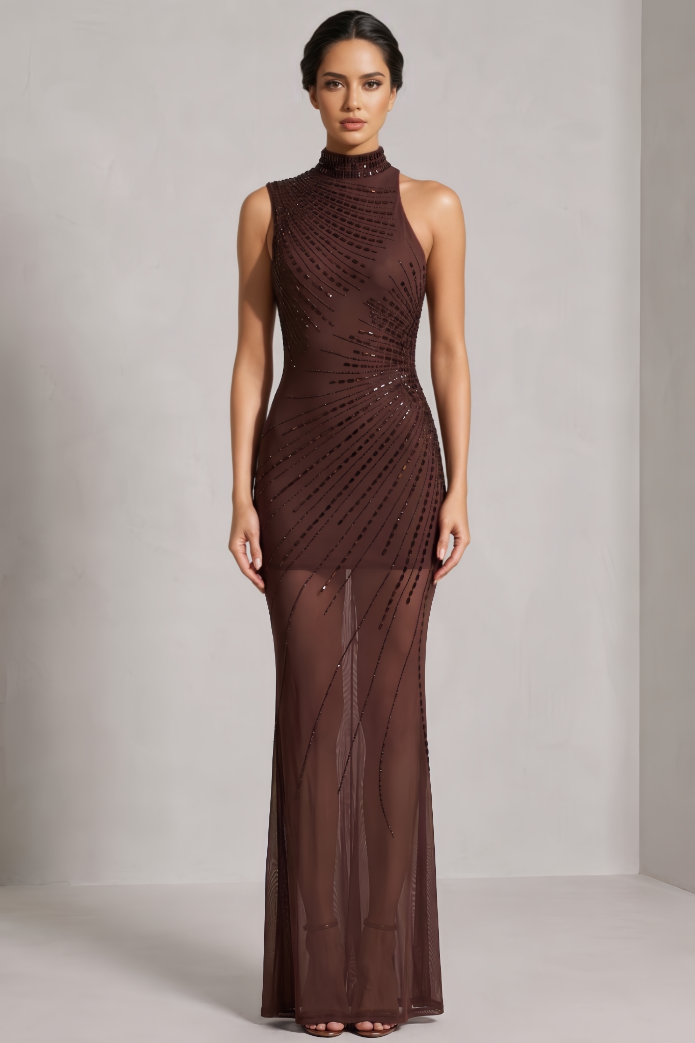 Nlivia Brown Sleeveless Rhinestone Maxi Dress
