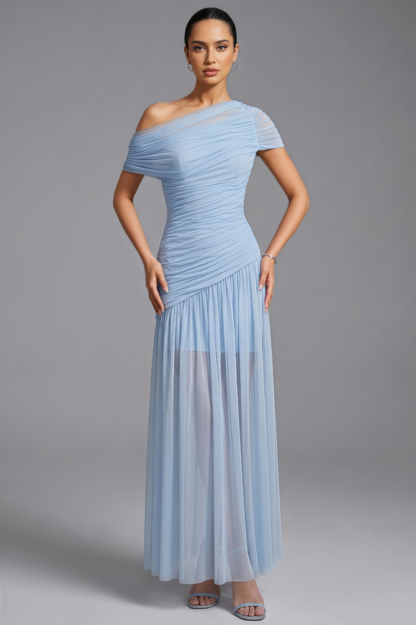 Etity Blue Slanted Shoulder Mesh Maxi Dress