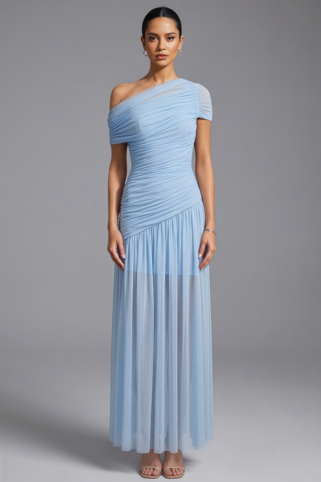 Etity Blue Slanted Shoulder Mesh Maxi Dress