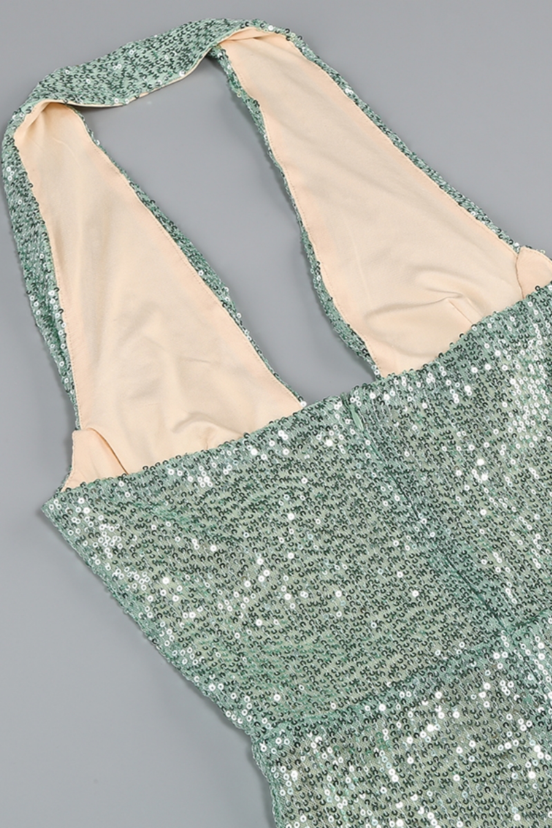 Elsinx Green Backless Sequin Maxi Dress