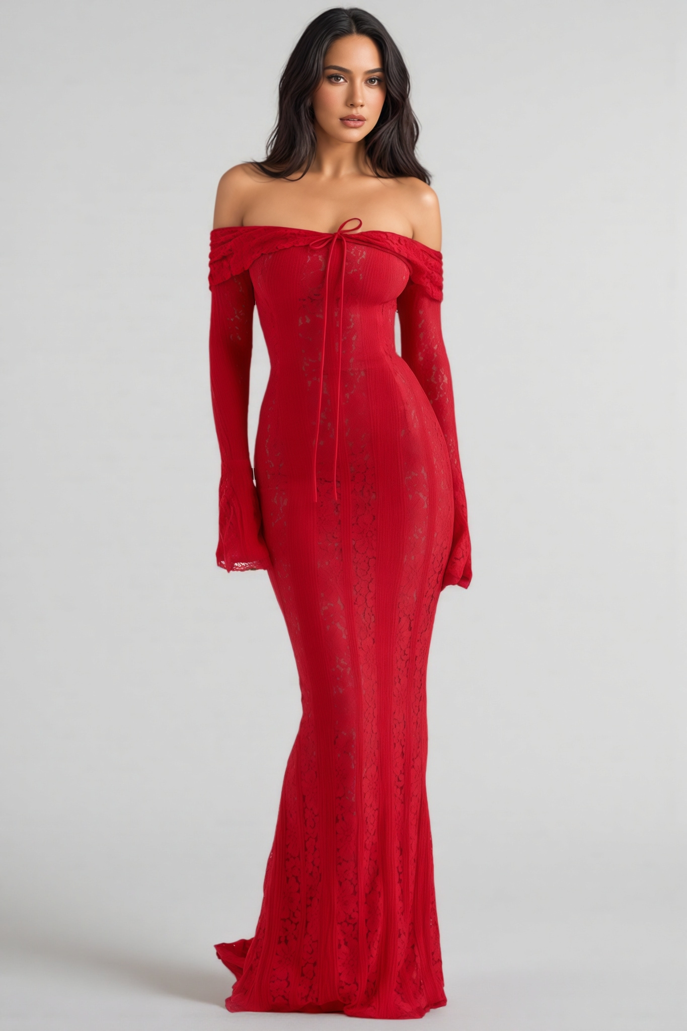 Allson Red Off Shoulder Floral Lace Maxi Dress