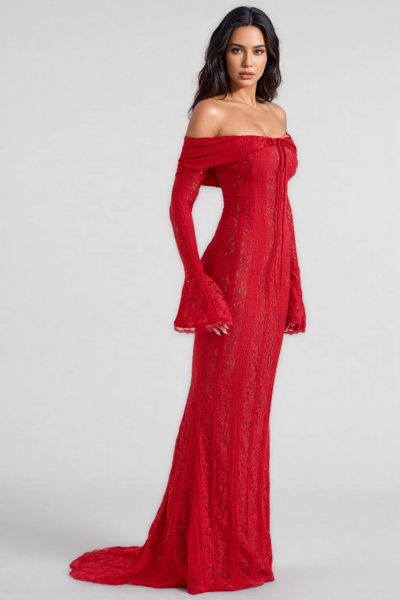 Allson Red Off Shoulder Floral Lace Maxi Dress