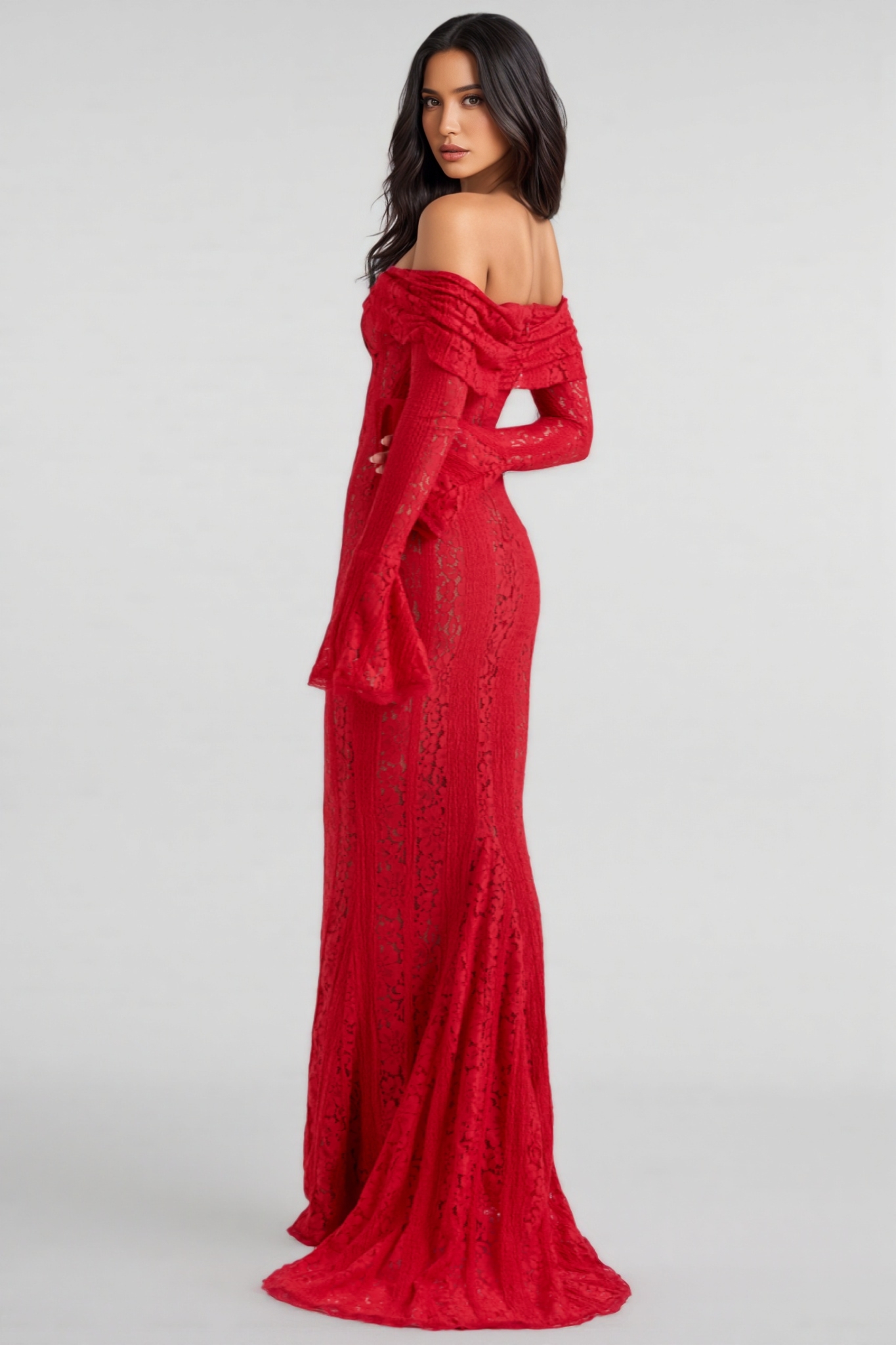Allson Red Off Shoulder Floral Lace Maxi Dress