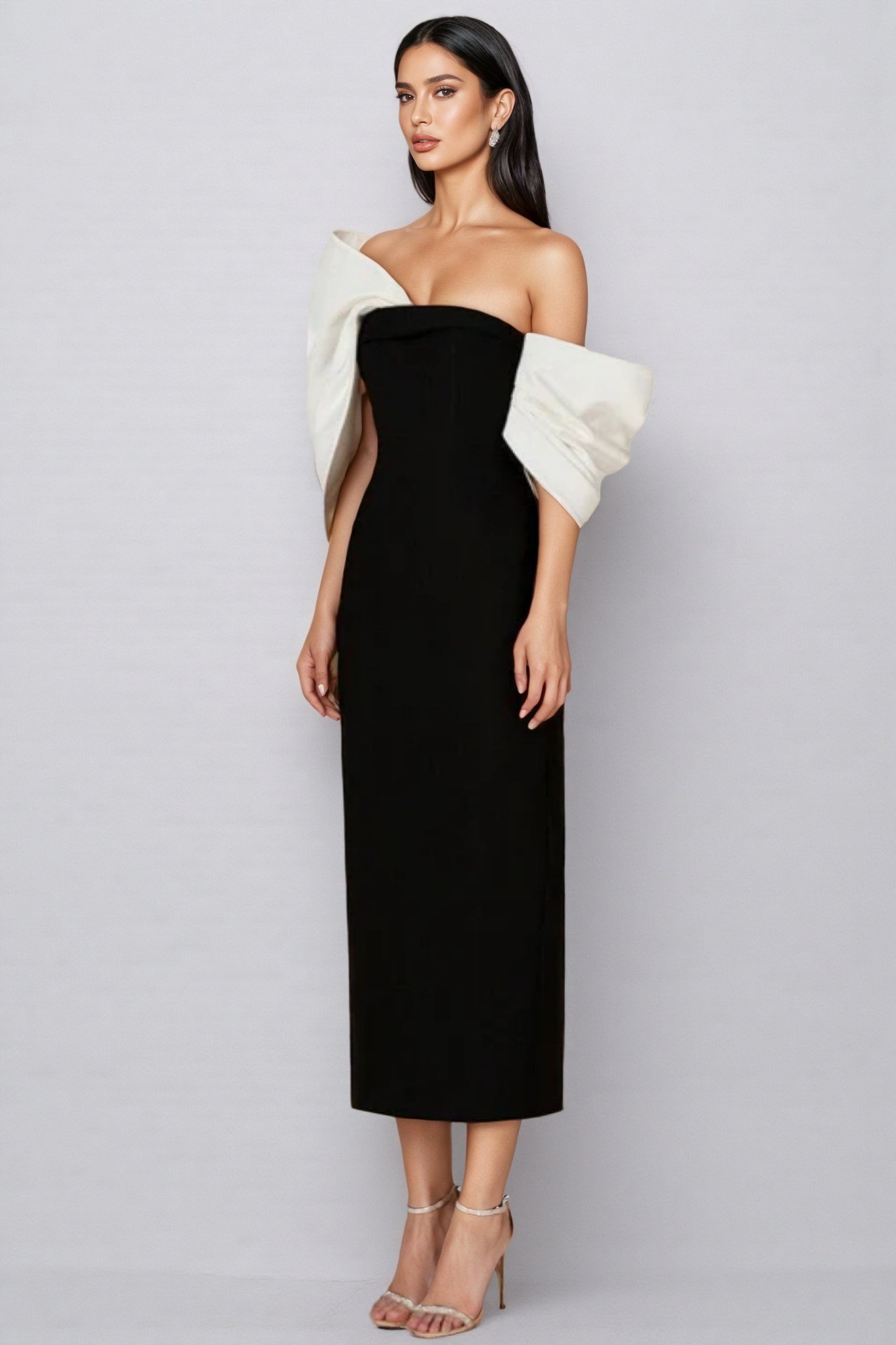 Delilah Bow Off-Shoulder Asymmetrical Midi Dress