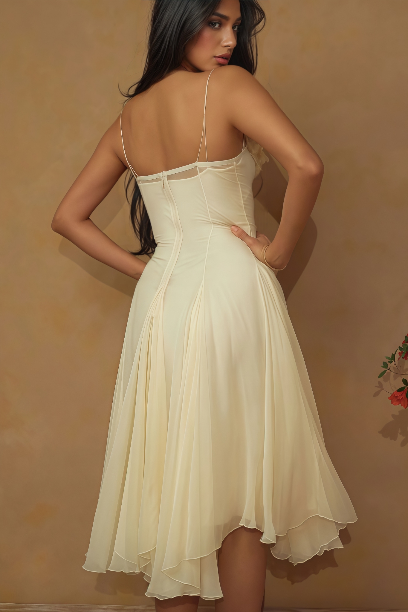 Thadt Yellow Strapless Mesh Midi Dress