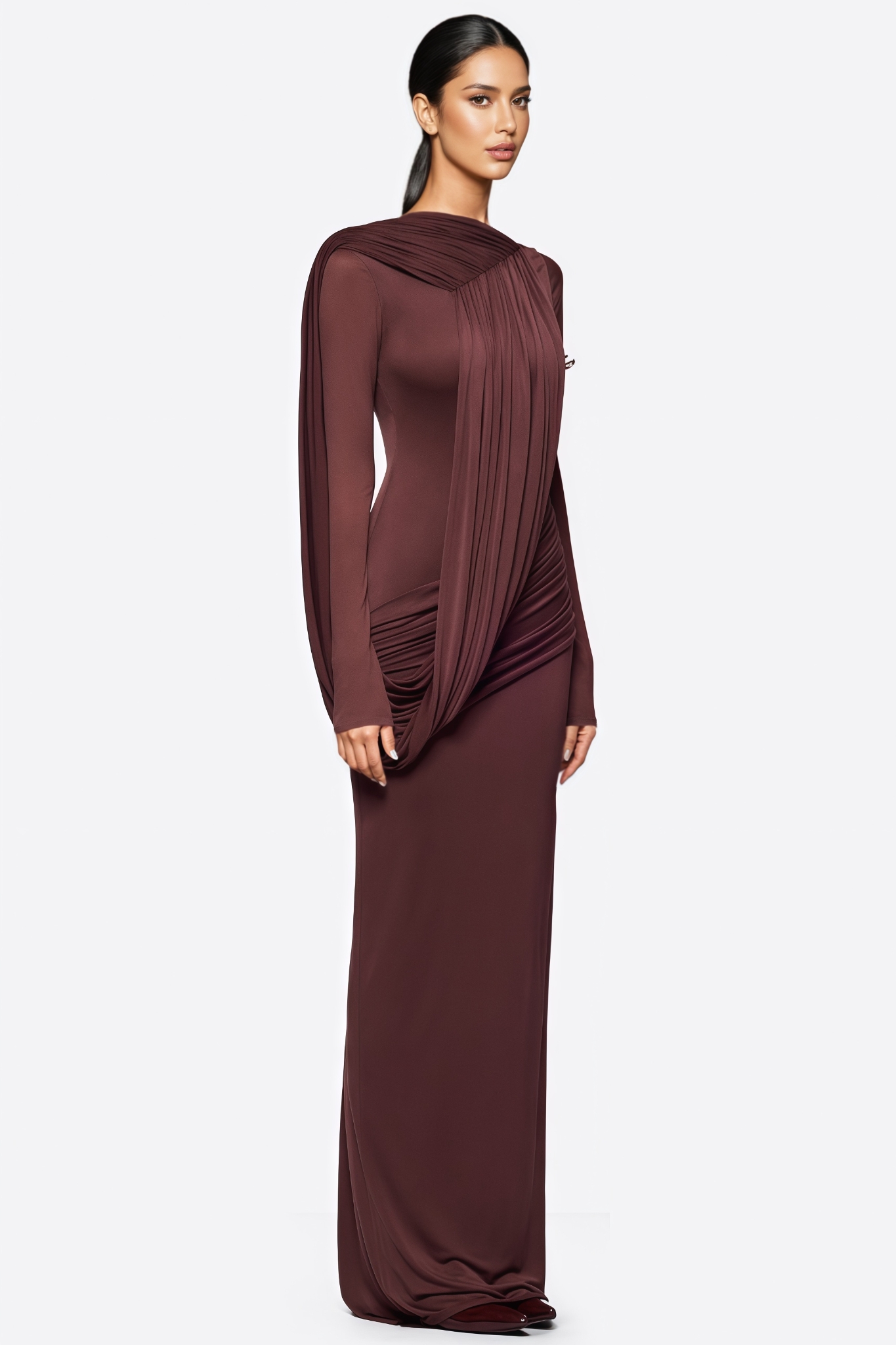 Goyvin Brown Long Sleeve Mesh Maxi Dress