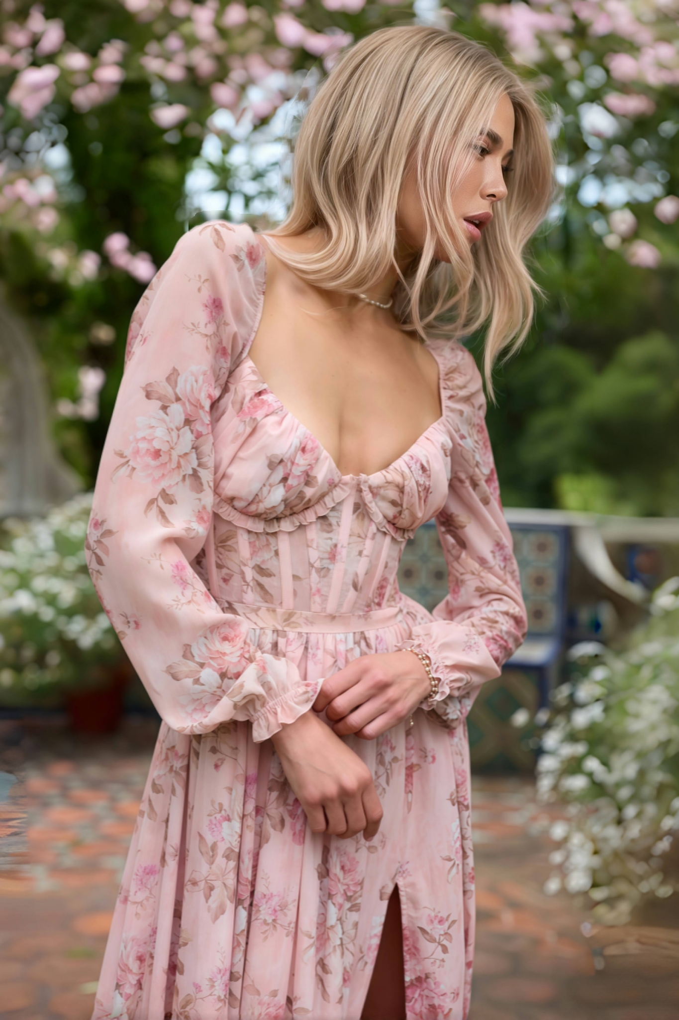 Jessfy Pink Printed Slit Maxi Dress