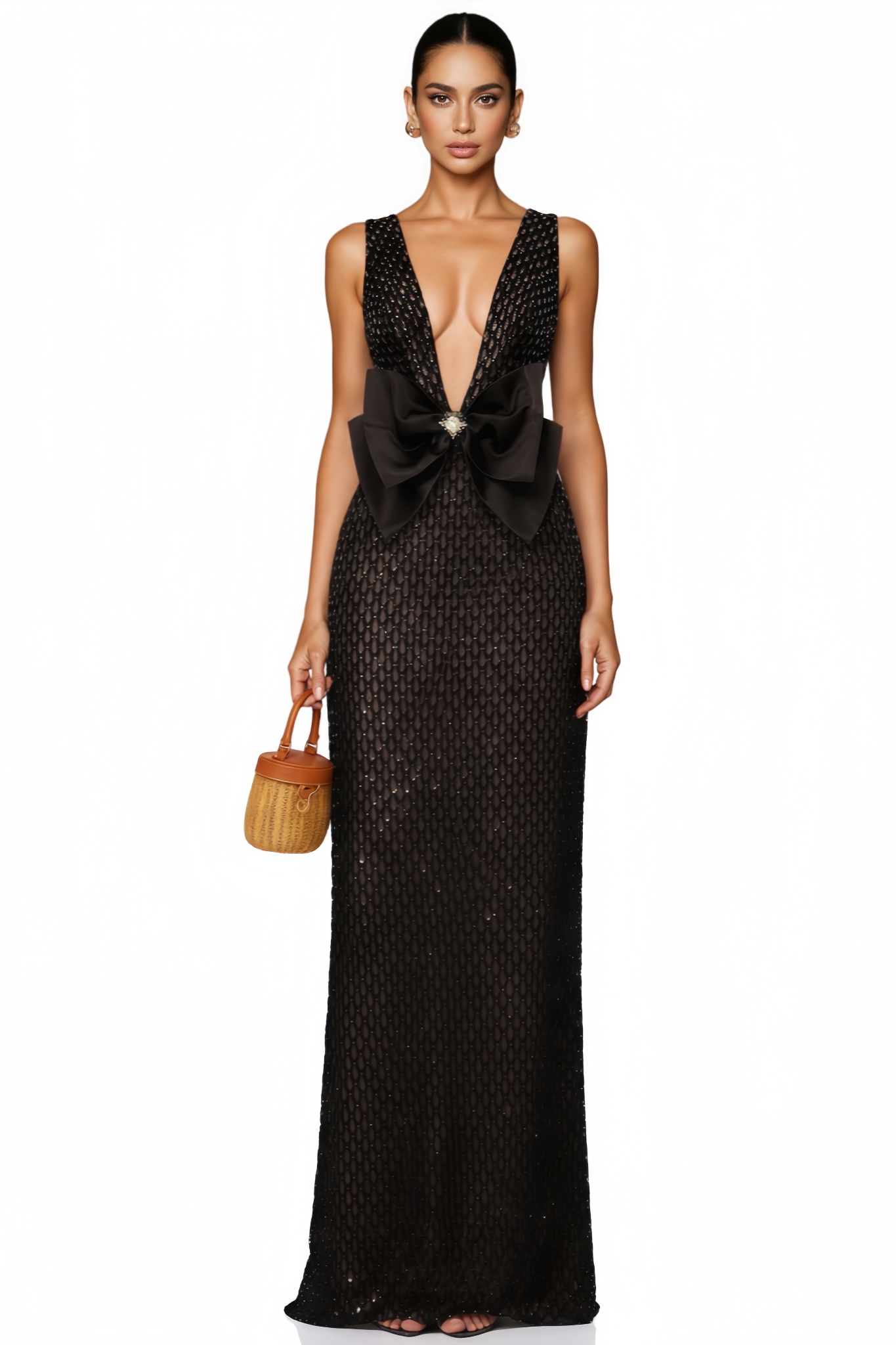 Gaelensd Black Bow Rhinestone V Neck Maxi Dress