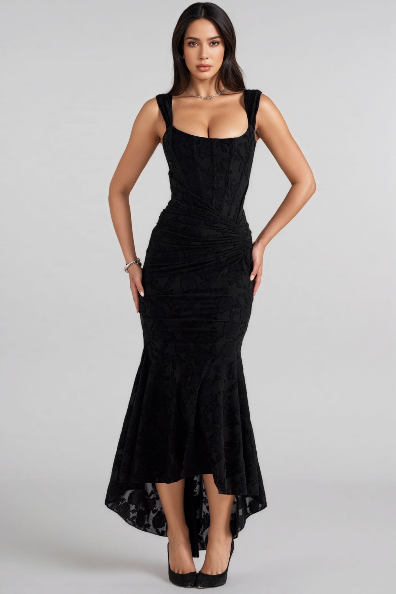 Yvran Black Pleated Sleeveless Floral Maxi Dress