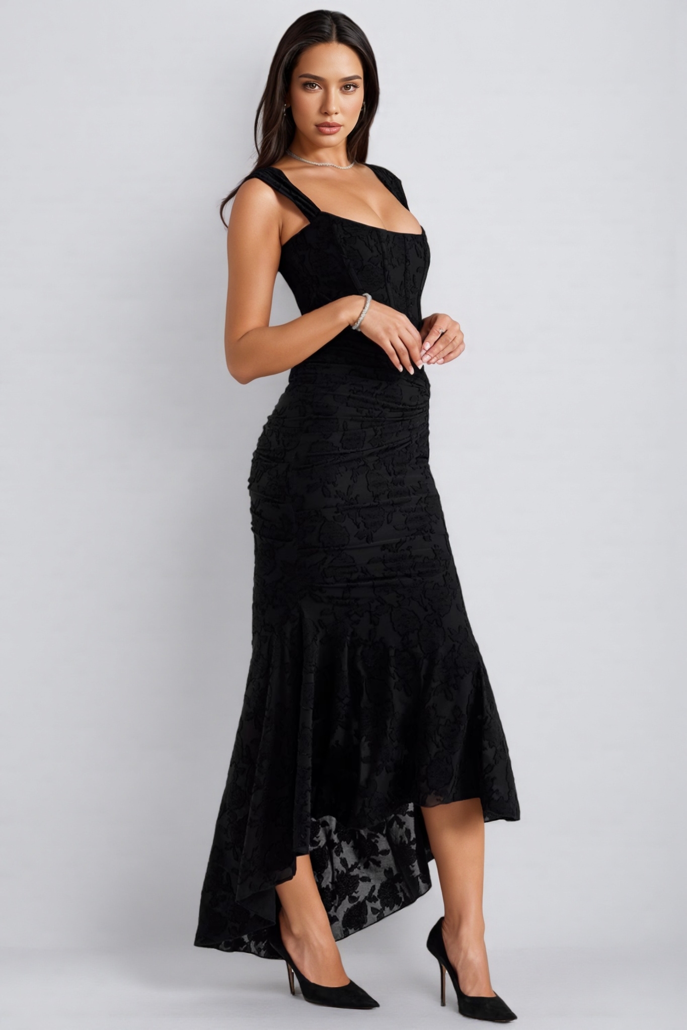 Yvran Black Pleated Sleeveless Floral Maxi Dress