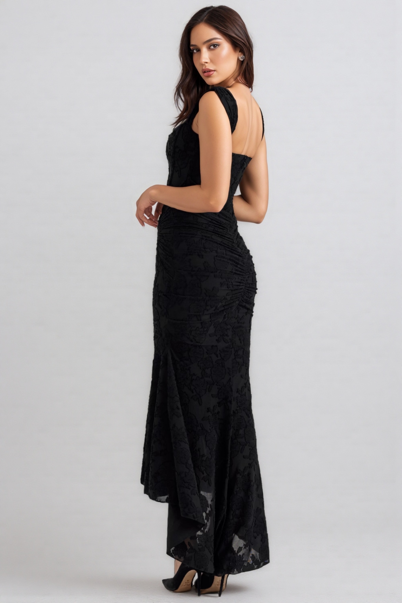 Yvran Black Pleated Sleeveless Floral Maxi Dress