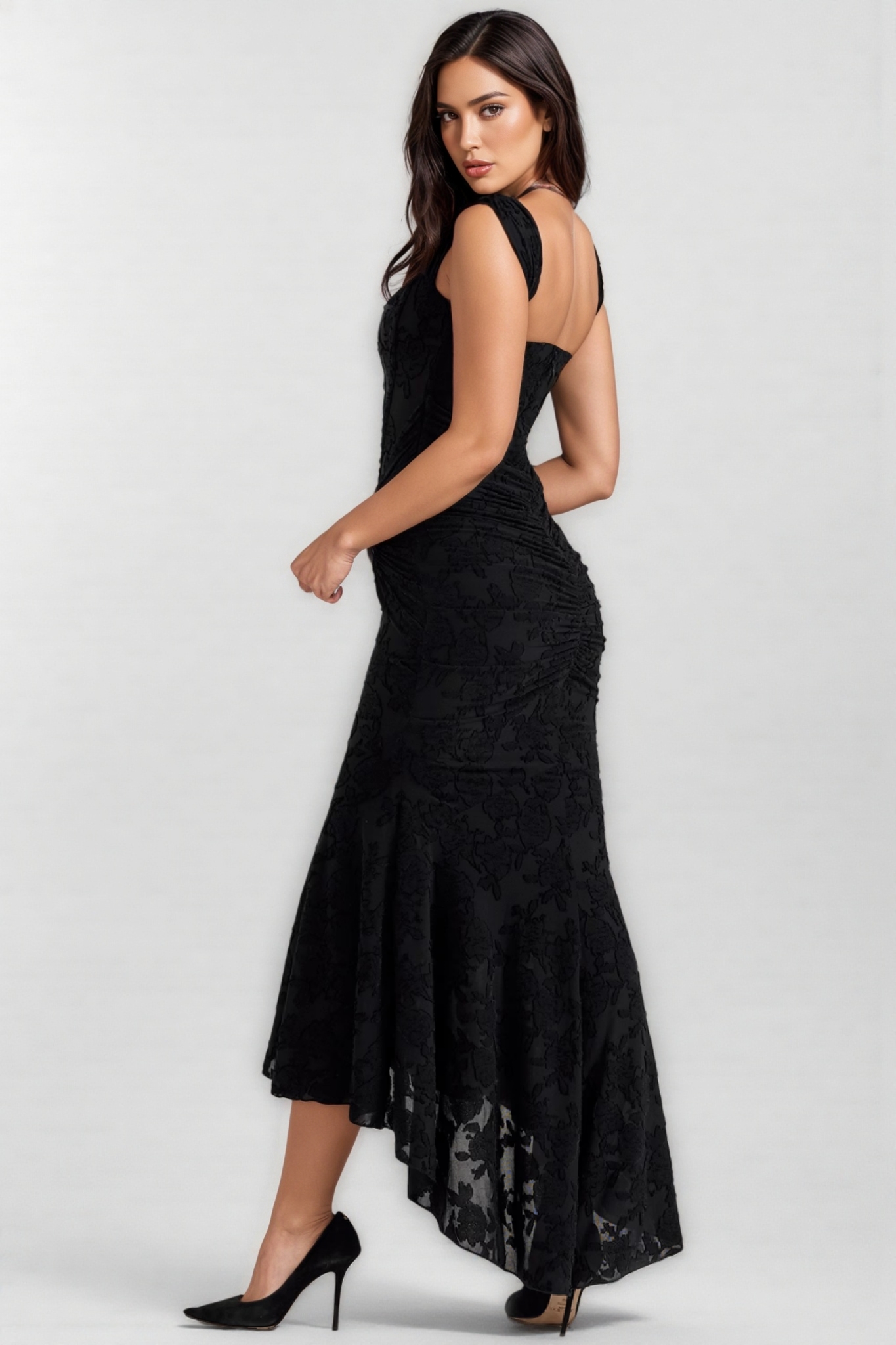 Yvran Black Pleated Sleeveless Floral Maxi Dress