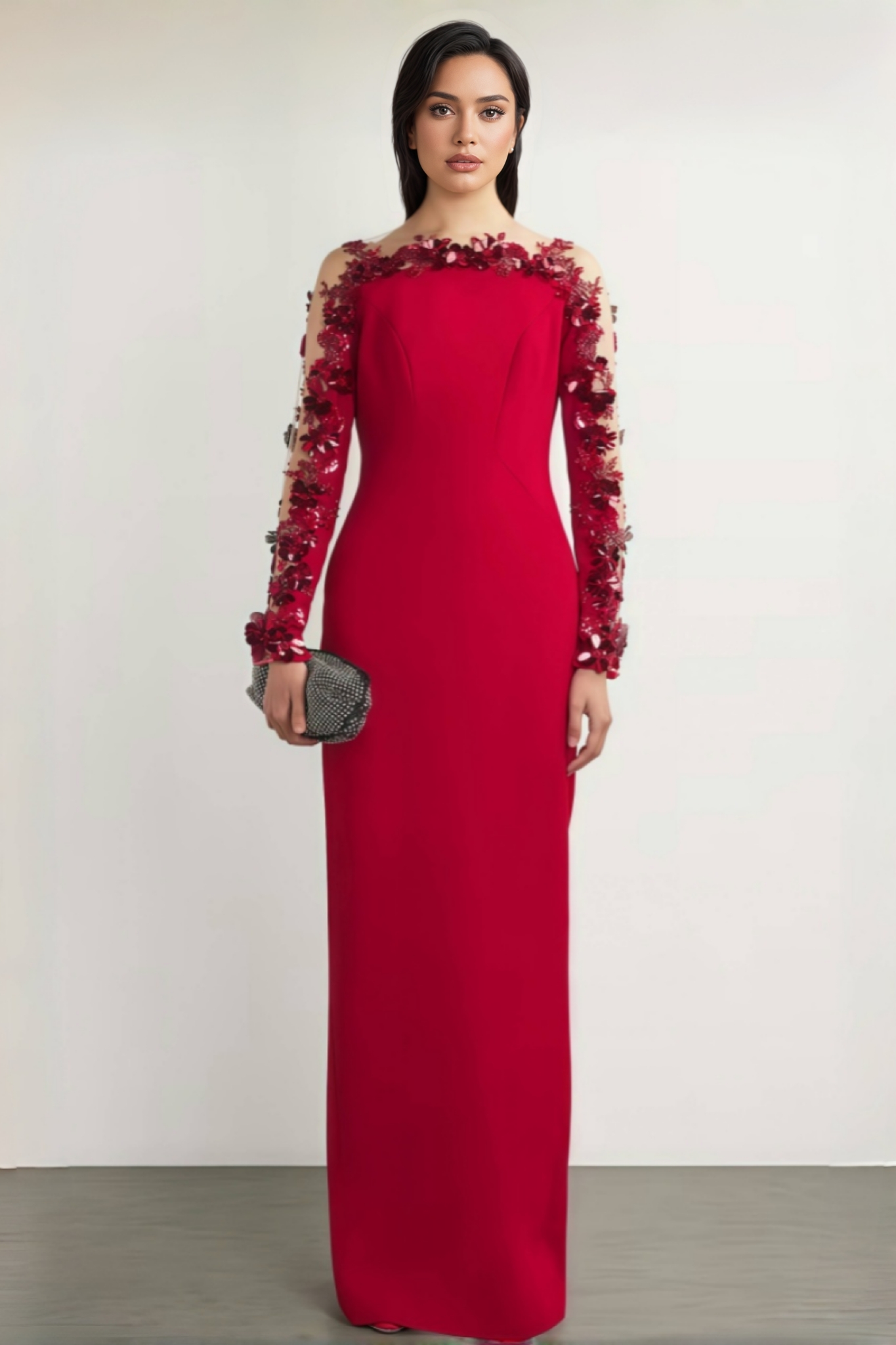 Thety Red 3D Floral Mesh Maxi Dress