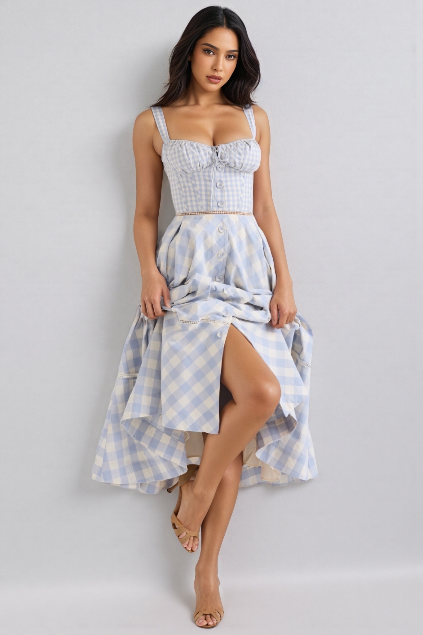 Azurt Blue Gingham Stretch Cotton Midi Dress Set