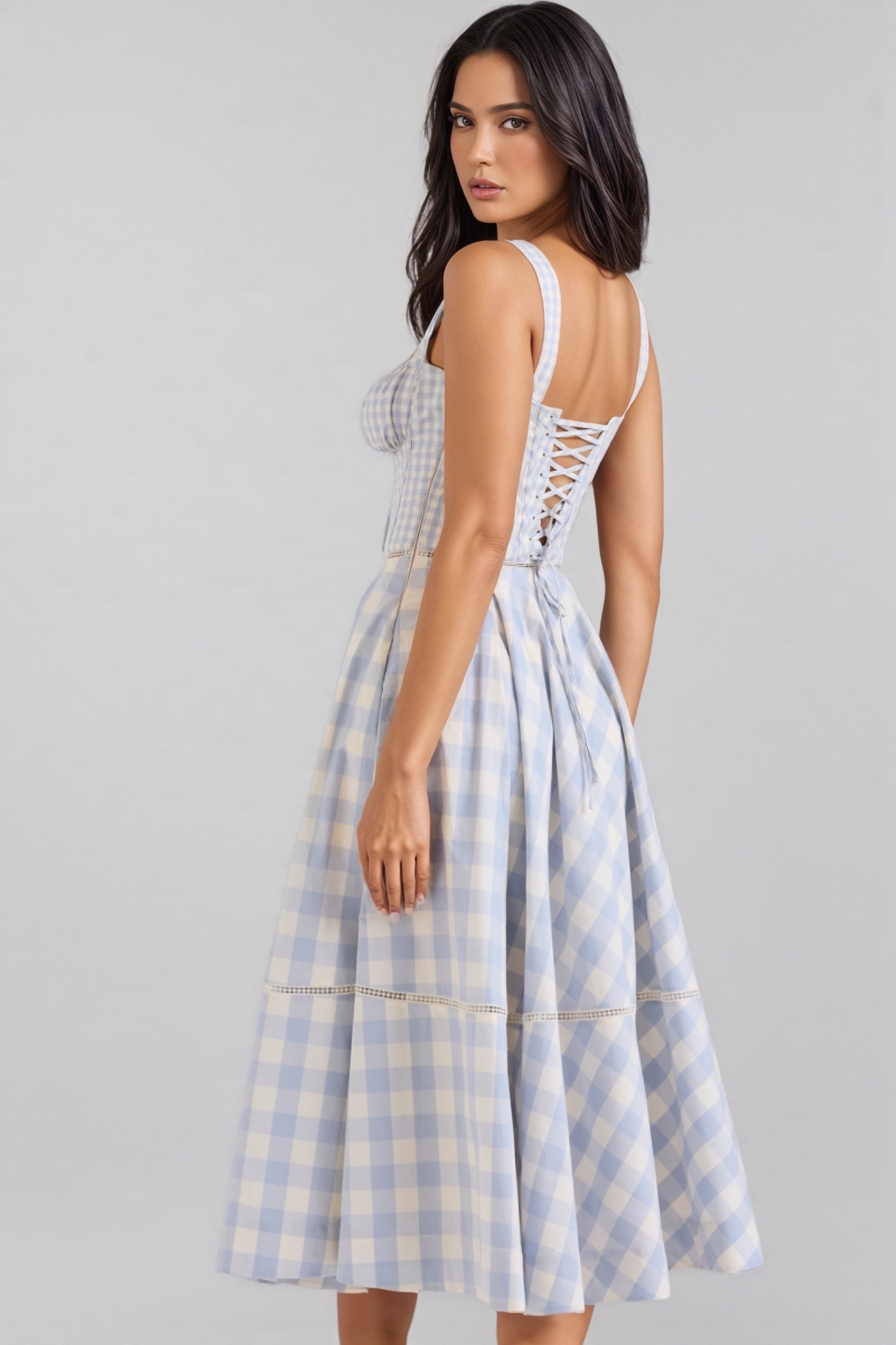 Azurt Blue Gingham Stretch Cotton Midi Dress Set