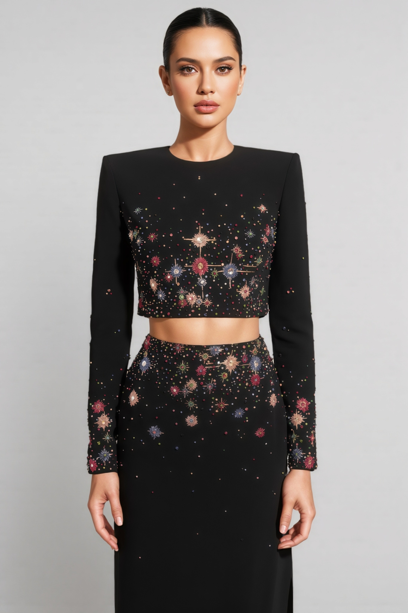 Keirt Black Rhinestone Stud Maxi Dress Set