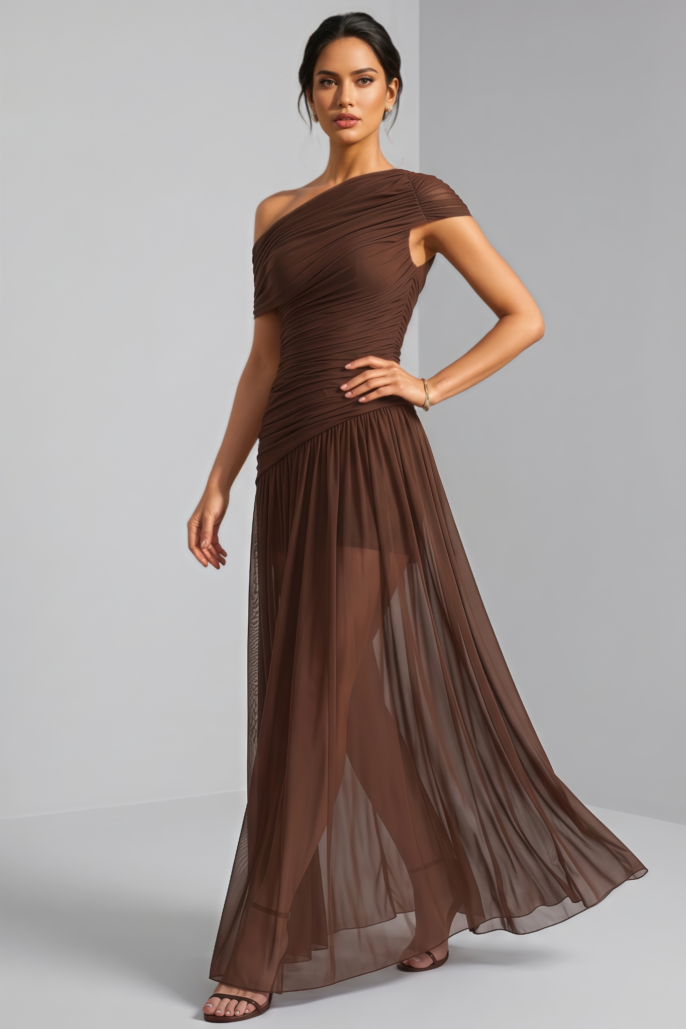 Aedous Brown Slanted Shoulder Mesh Maxi Dress