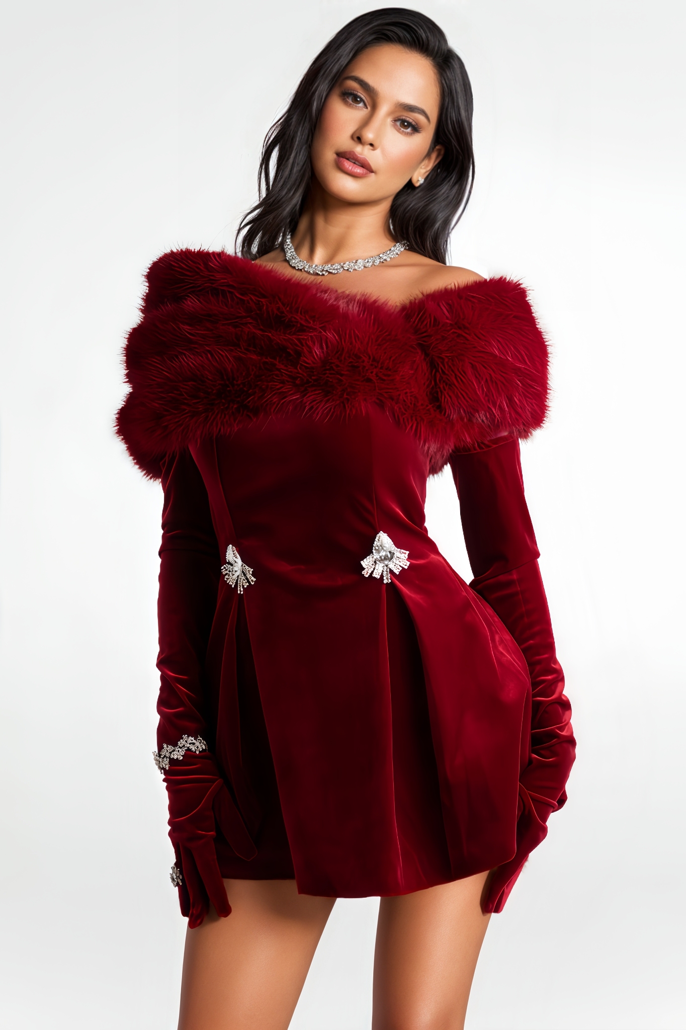 Elmarlt Red Rhinestone-Embellished Mini Dress