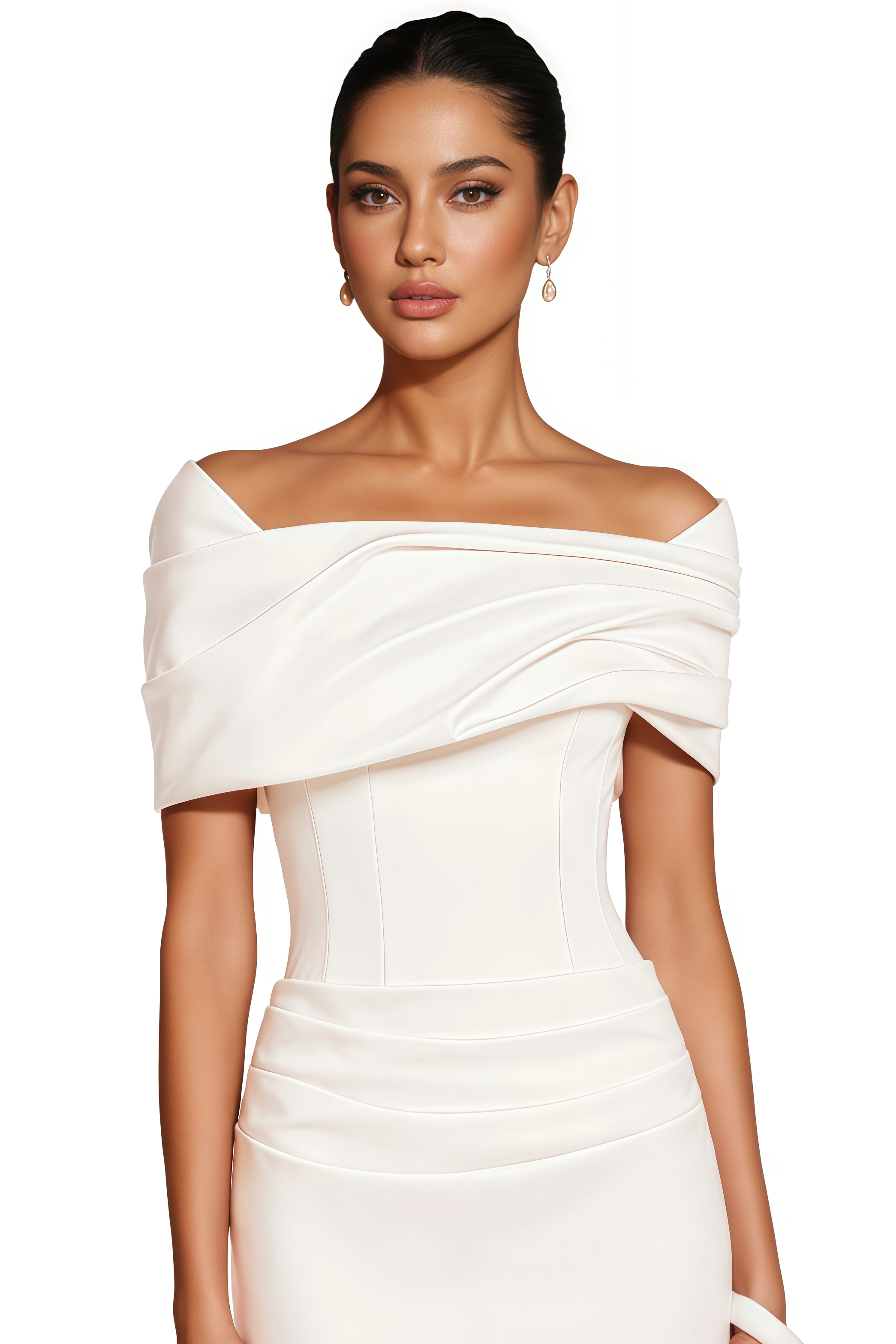Vorex White Off The Shoulder Draped Maxi Dress