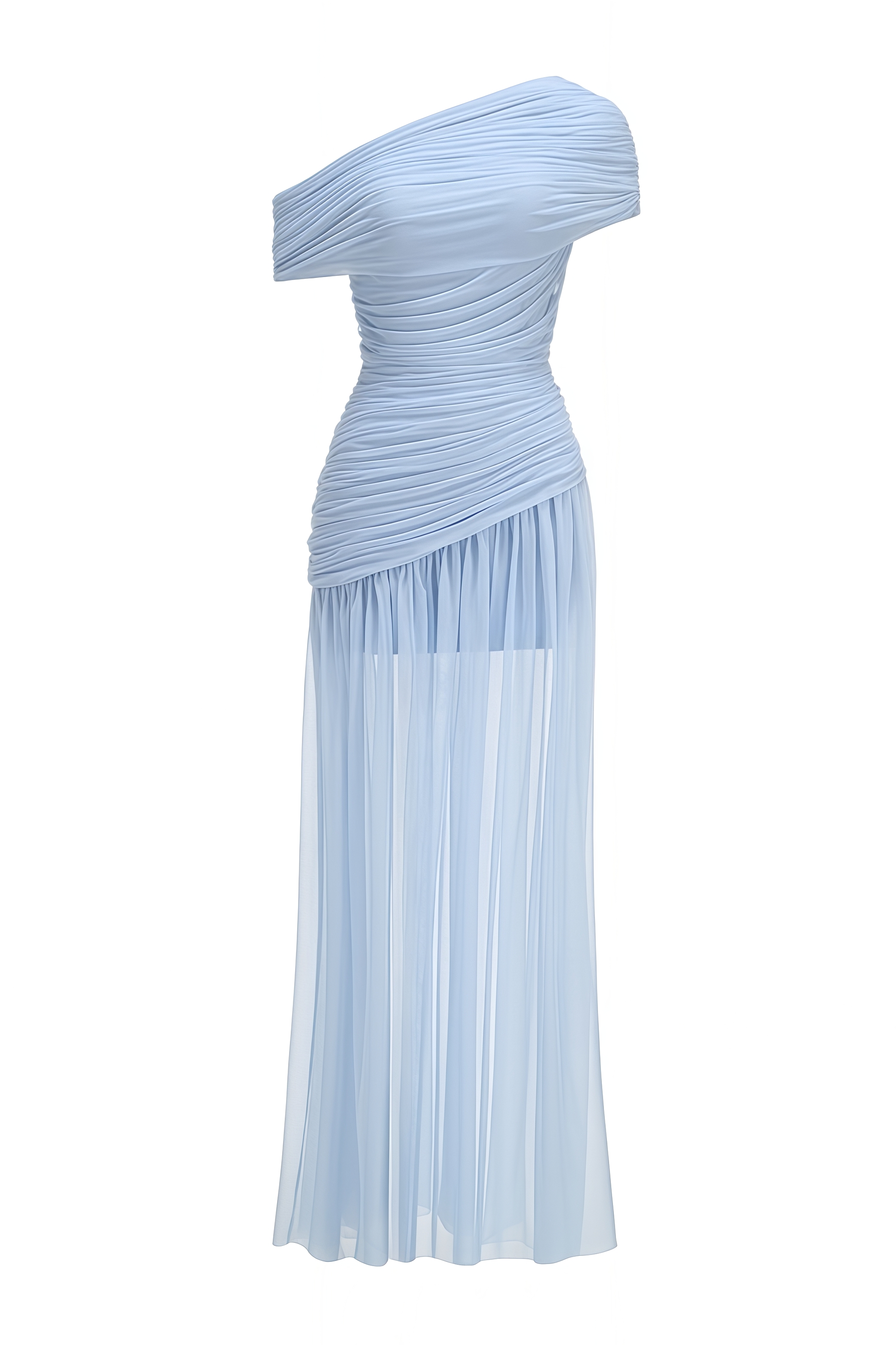 Etity Blue Slanted Shoulder Mesh Maxi Dress