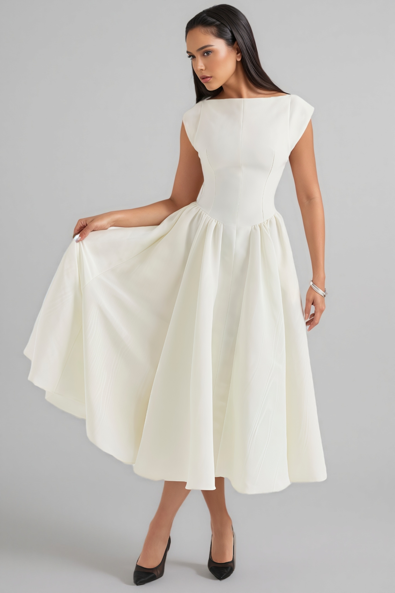 Jovie Ivory Moire Satin Midi Dress