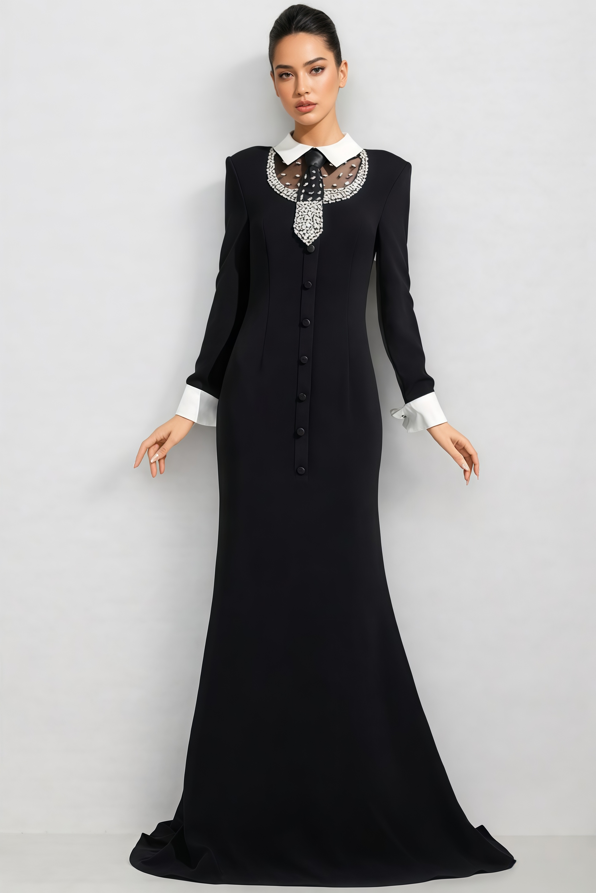 Avran Black Long Sleeve Diamond Mermaid Maxi Dress