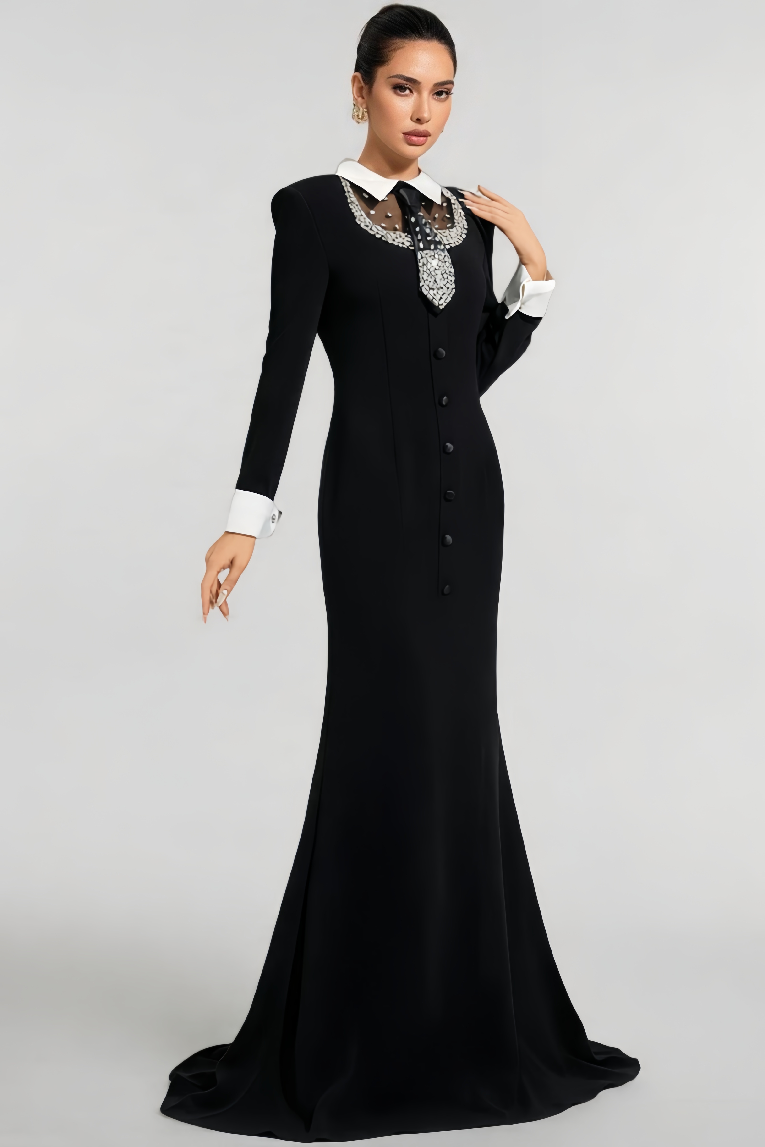 Avran Black Long Sleeve Diamond Mermaid Maxi Dress