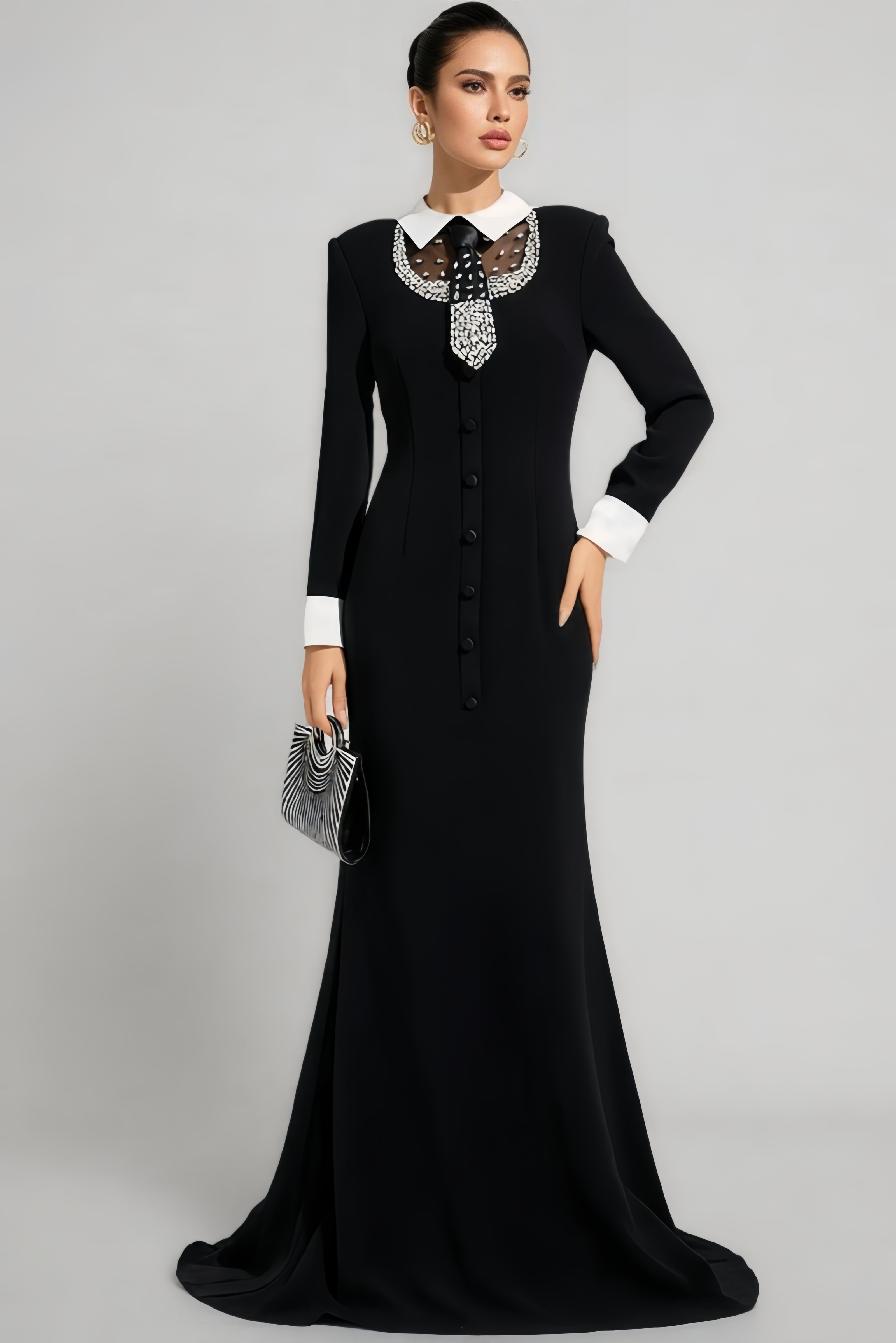 Avran Black Long Sleeve Diamond Mermaid Maxi Dress