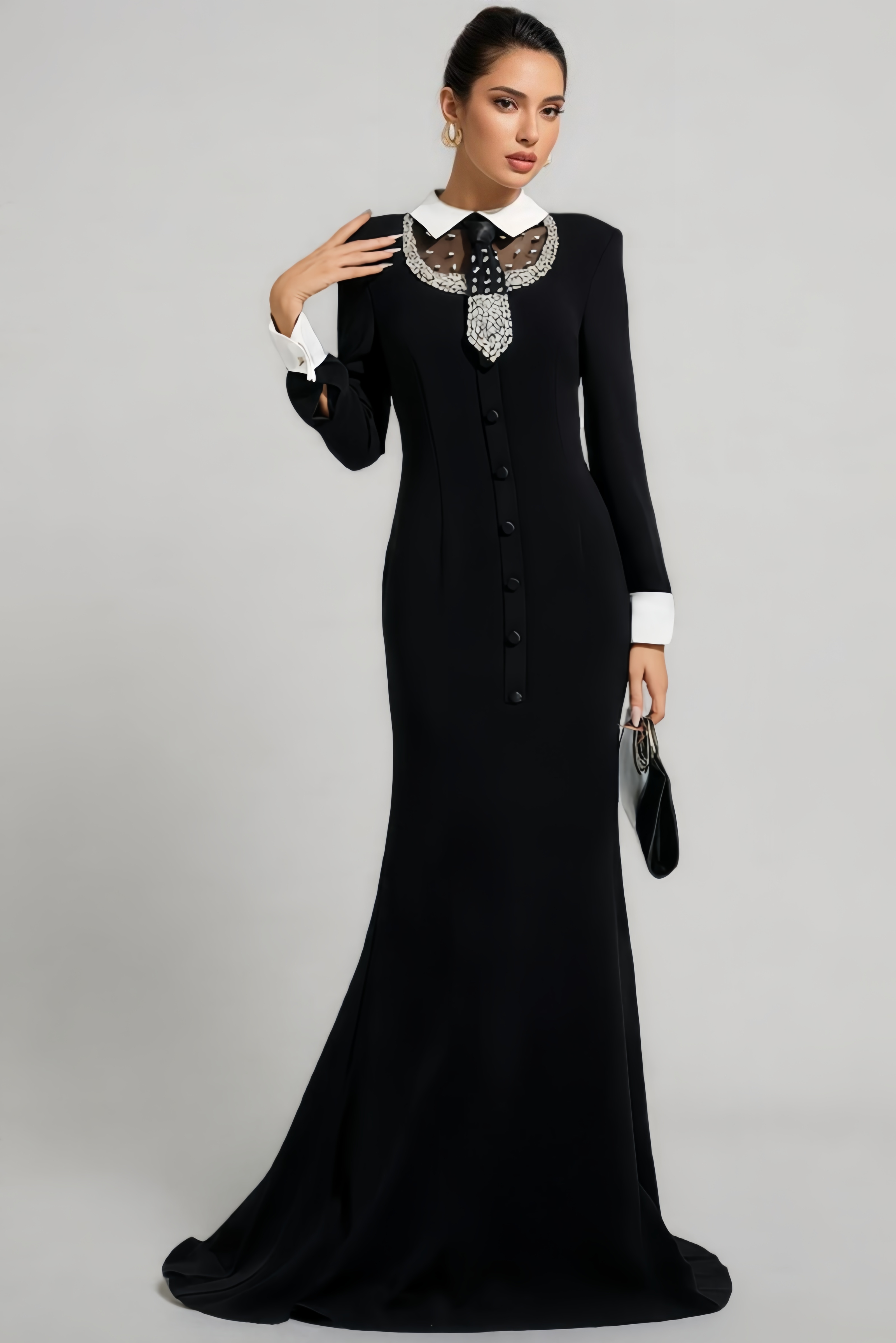 Avran Black Long Sleeve Diamond Mermaid Maxi Dress