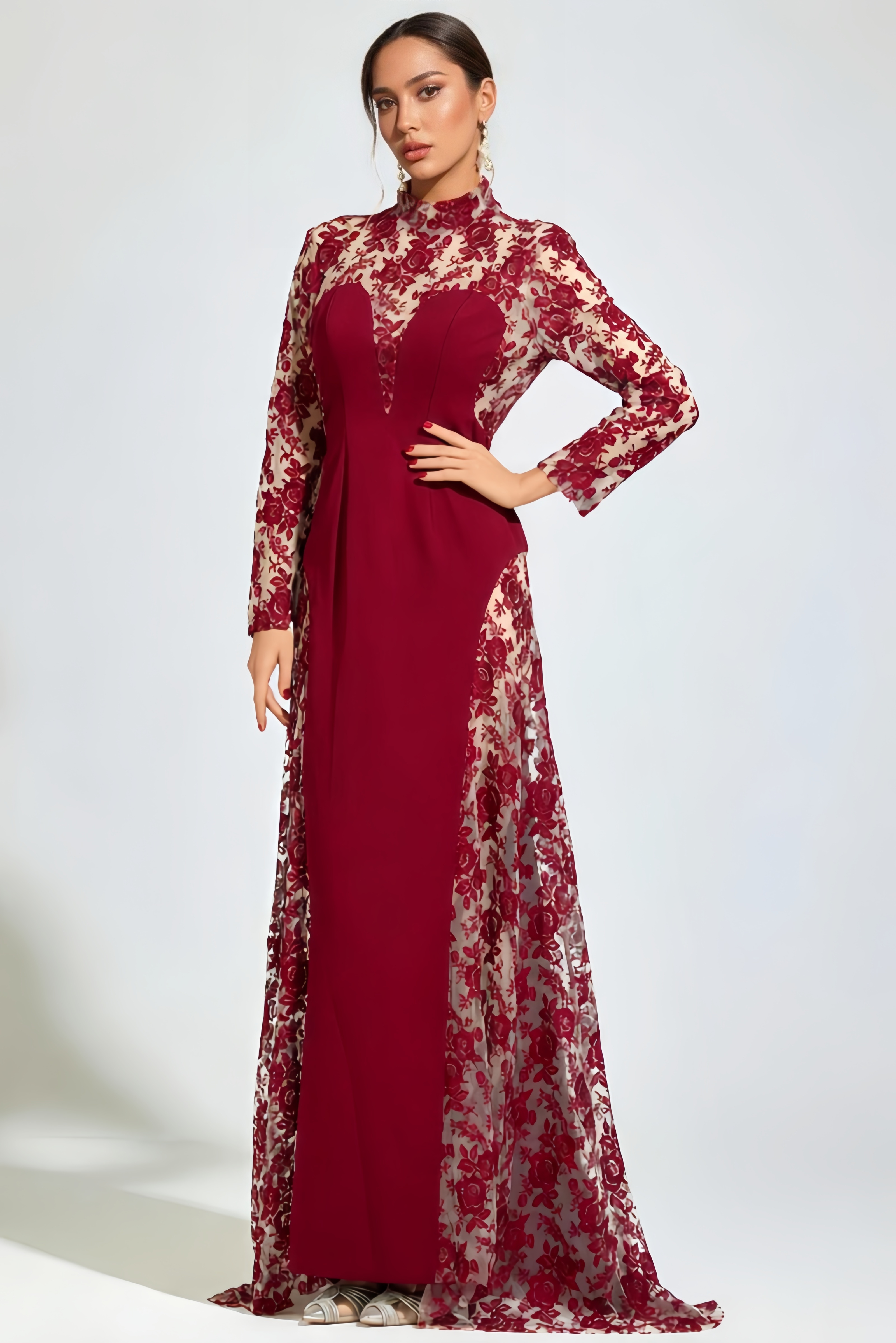 Sylar Red Embroidered Mesh Maxi Dress