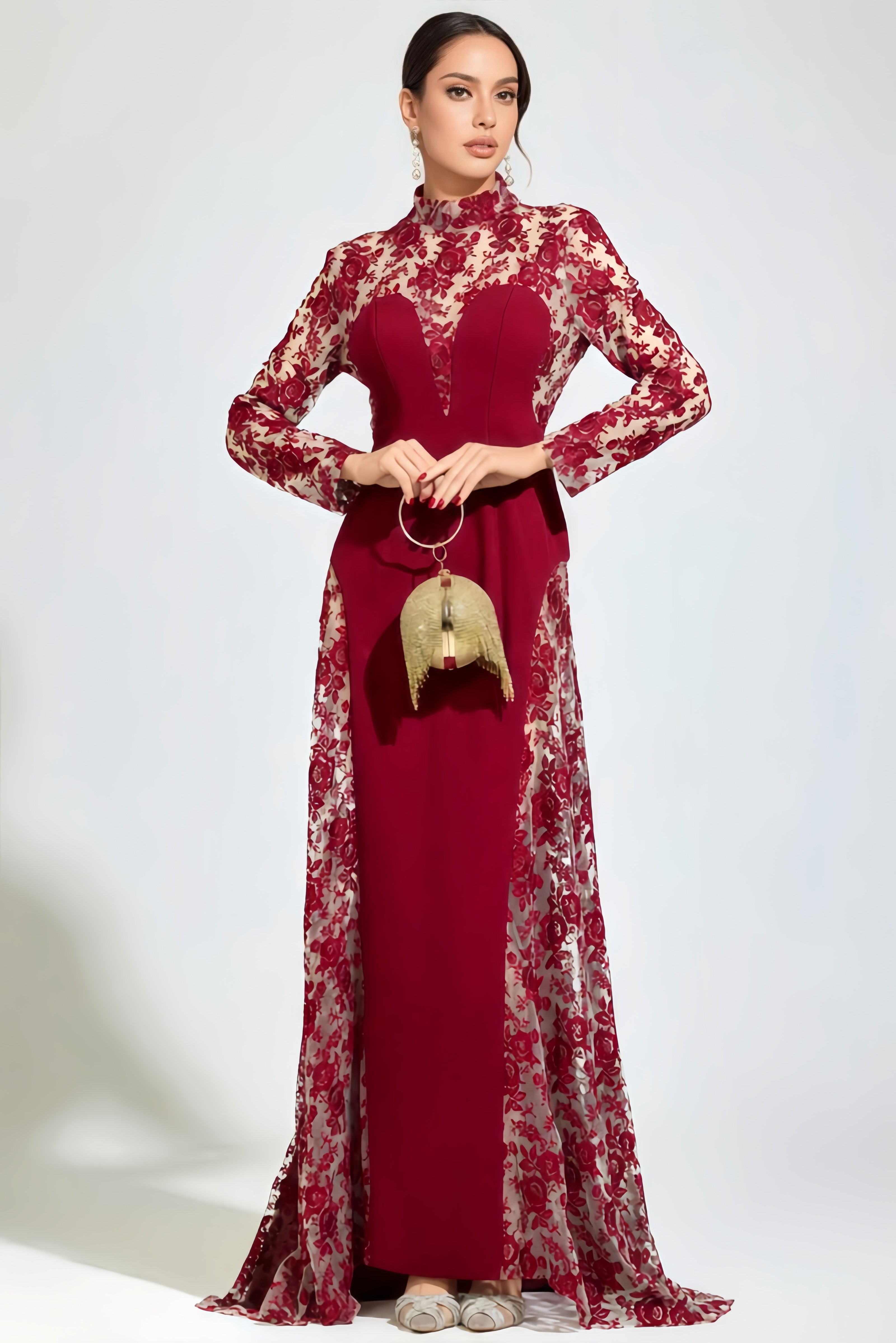 Sylar Red Embroidered Mesh Maxi Dress