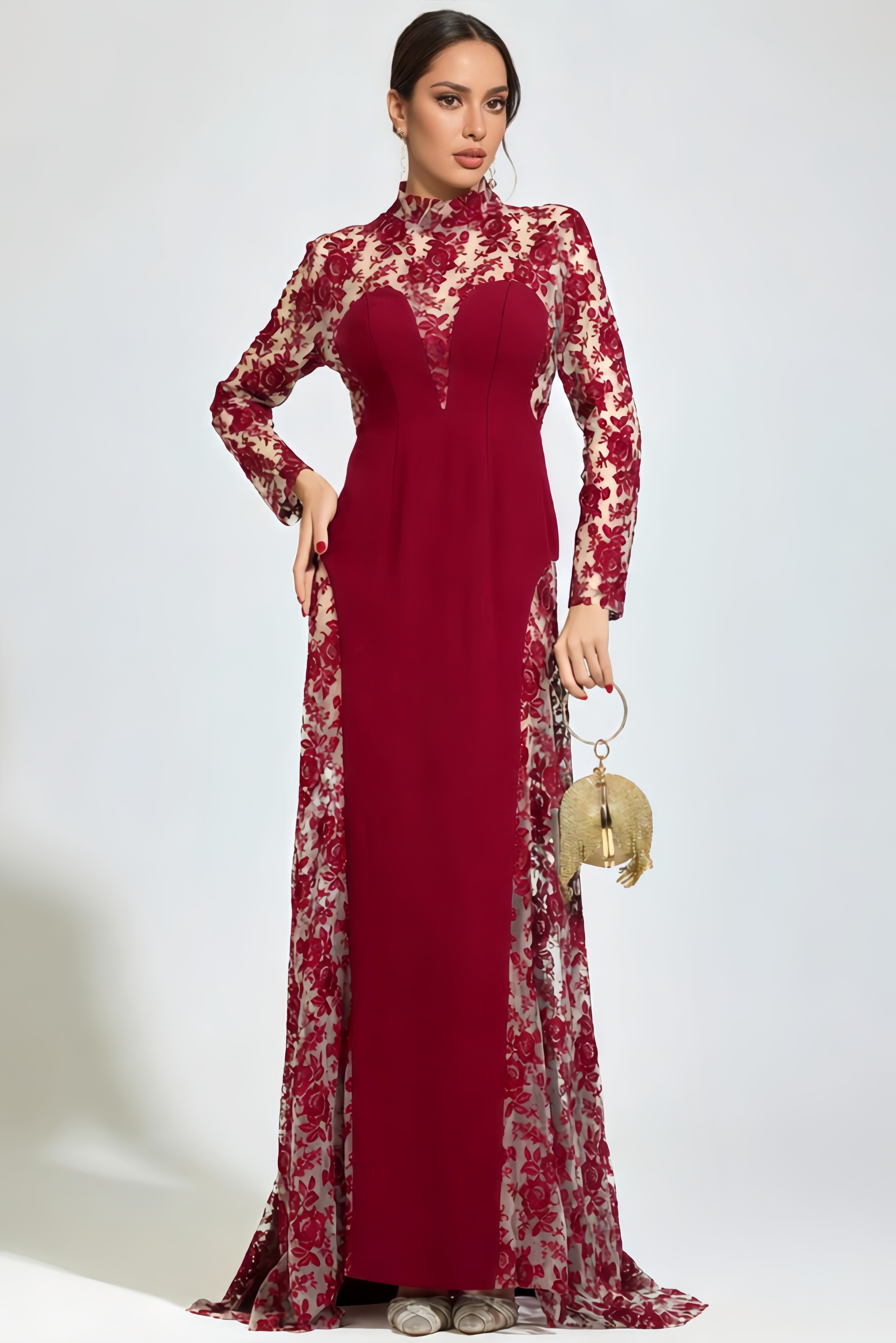 Sylar Red Embroidered Mesh Maxi Dress