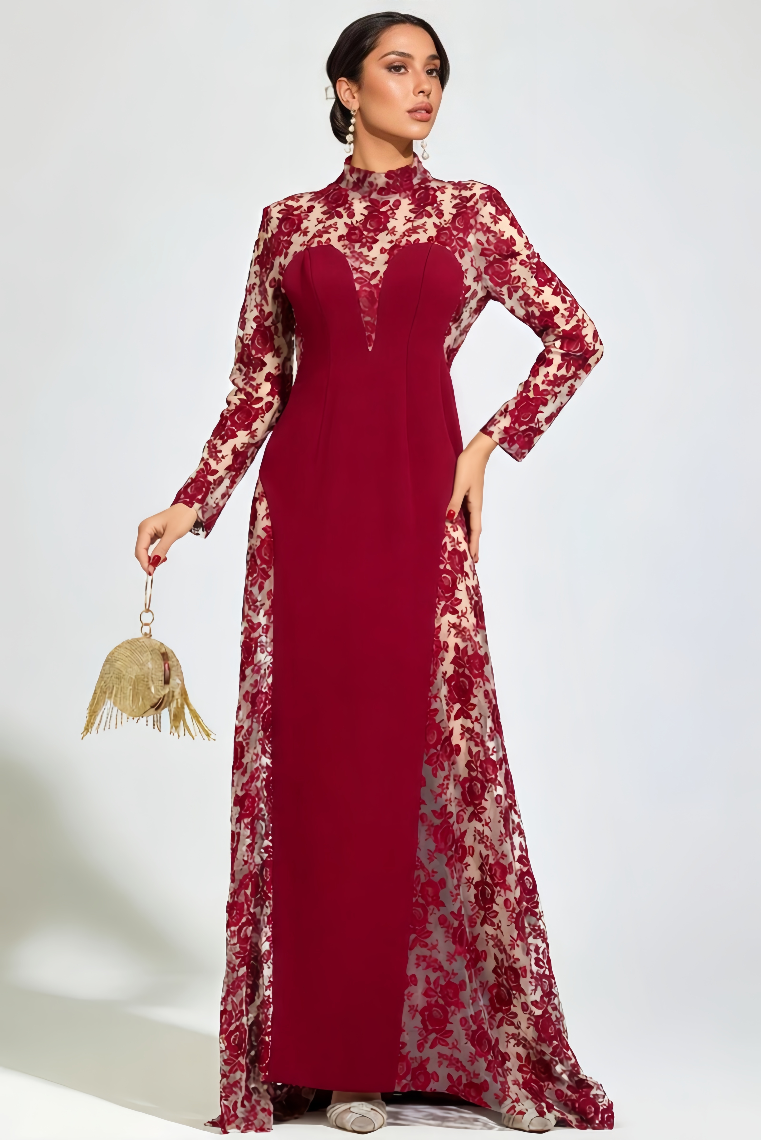 Sylar Red Embroidered Mesh Maxi Dress