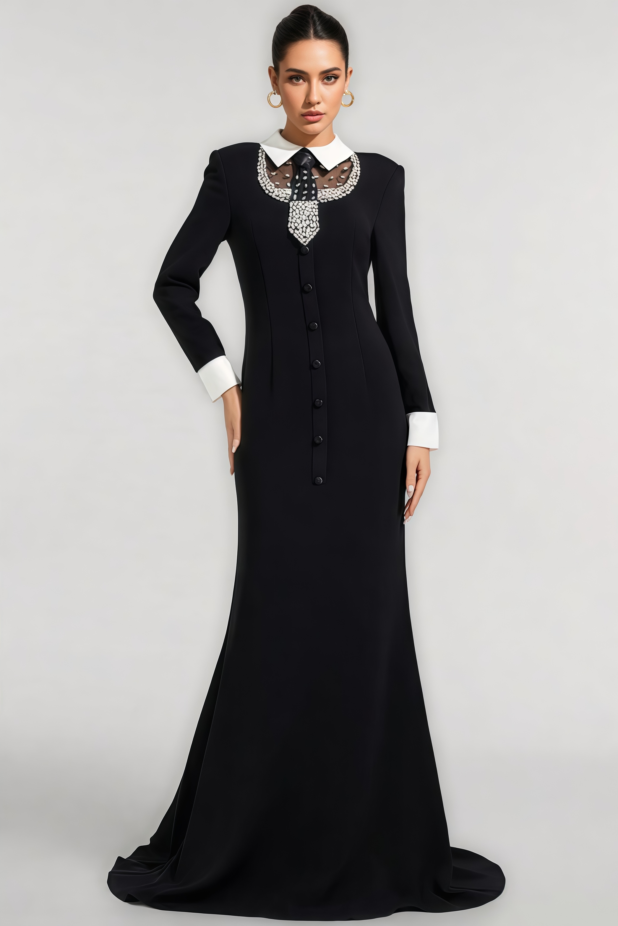 Avran Black Long Sleeve Diamond Mermaid Maxi Dress