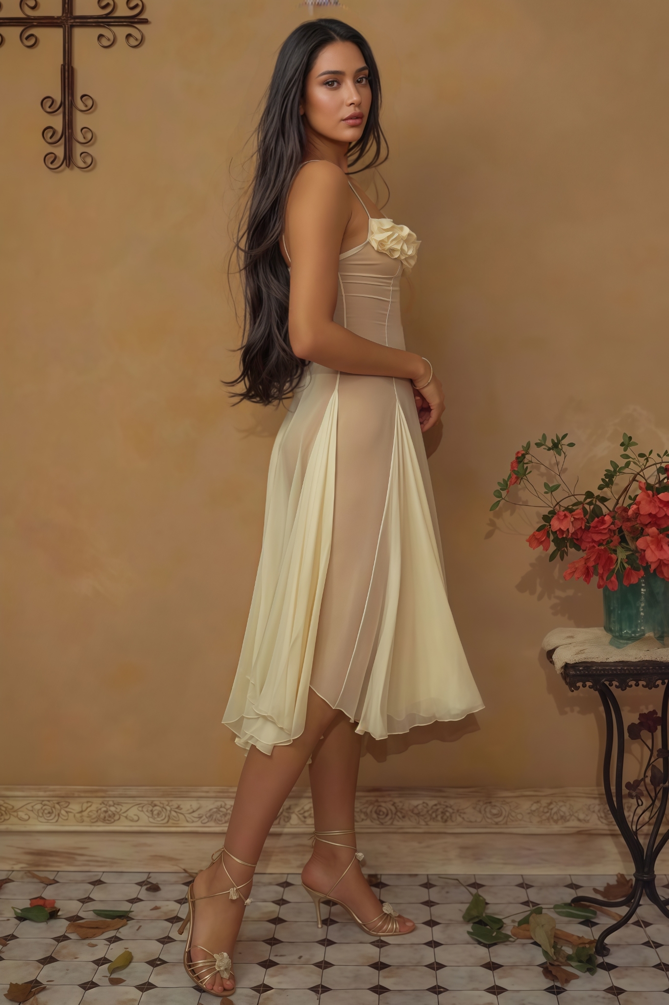 Thadt Yellow Strapless Mesh Midi Dress