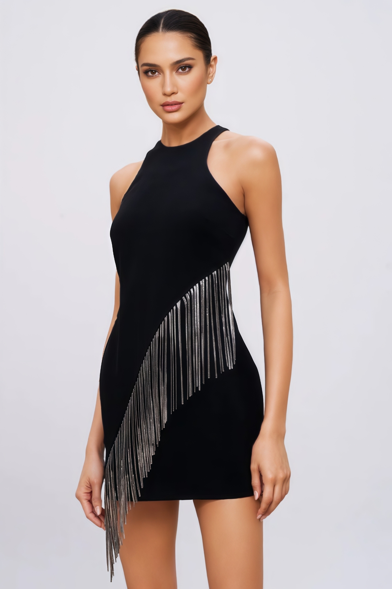 Blaned Black Bandage Fringe Rhinestone Chain Mini Dress
