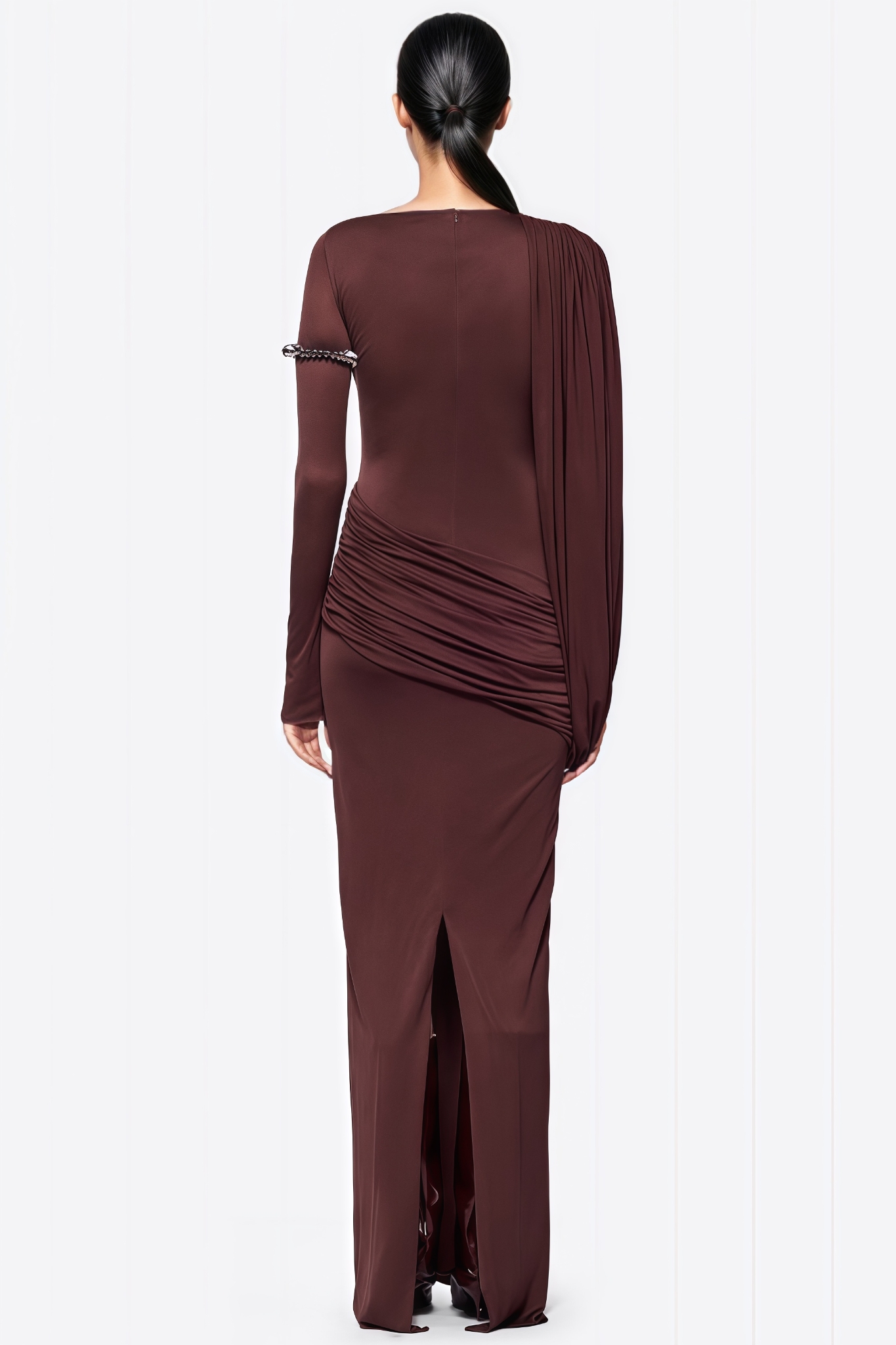 Goyvin Brown Long Sleeve Mesh Maxi Dress