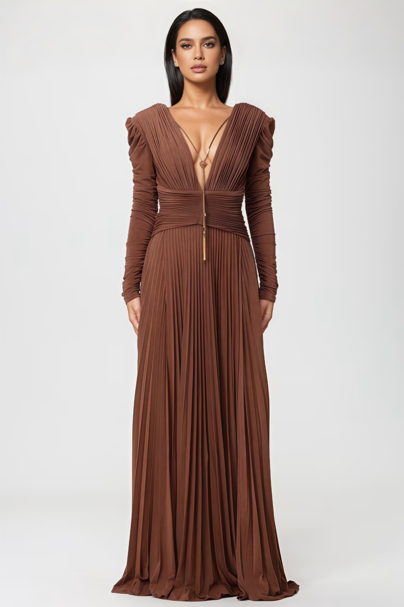 Aurna Brown Long Sleeve Maxi Dress