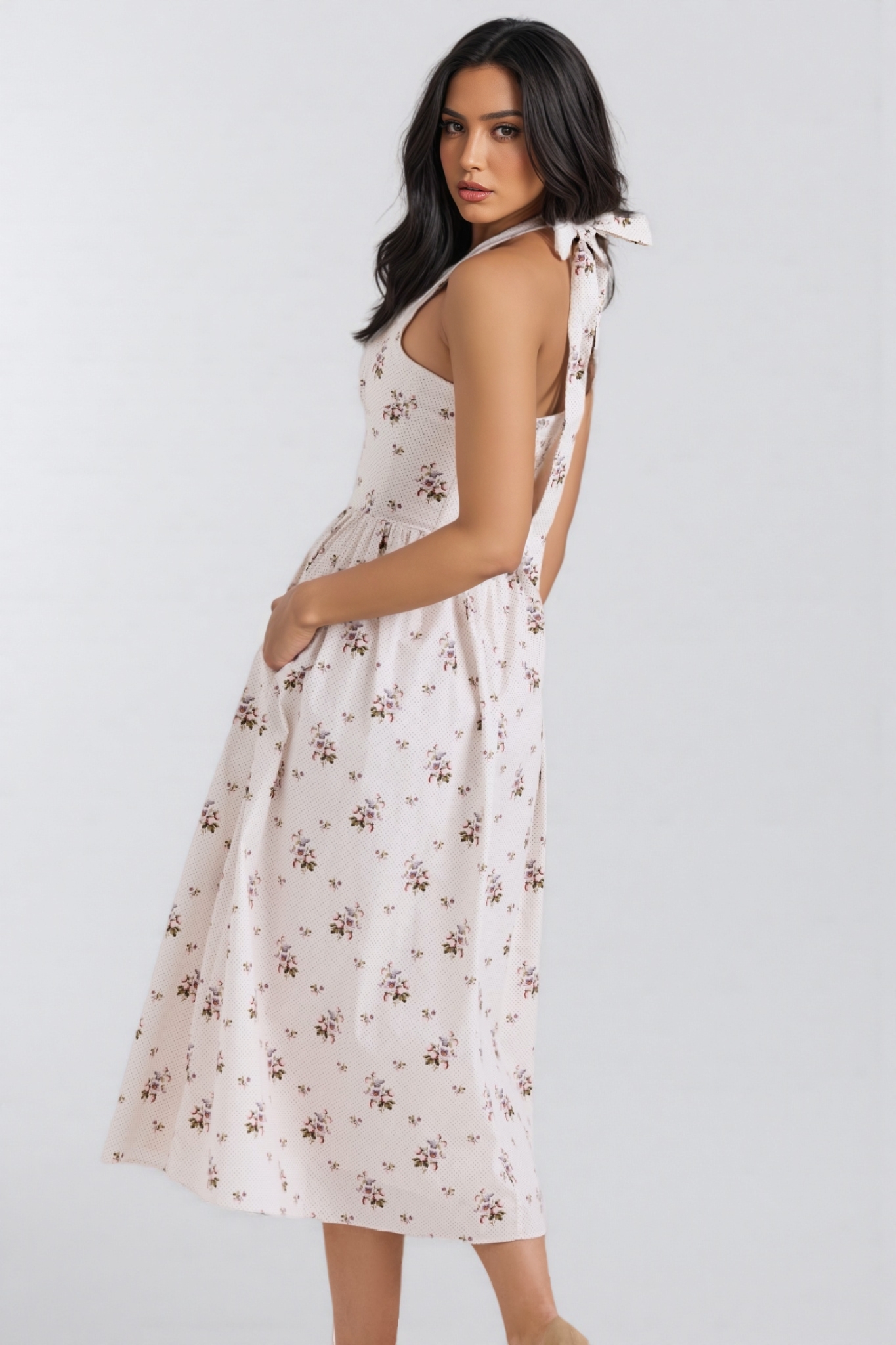 Zinnia Floral Print Stretch Cotton Halter Neck Midi Dress
