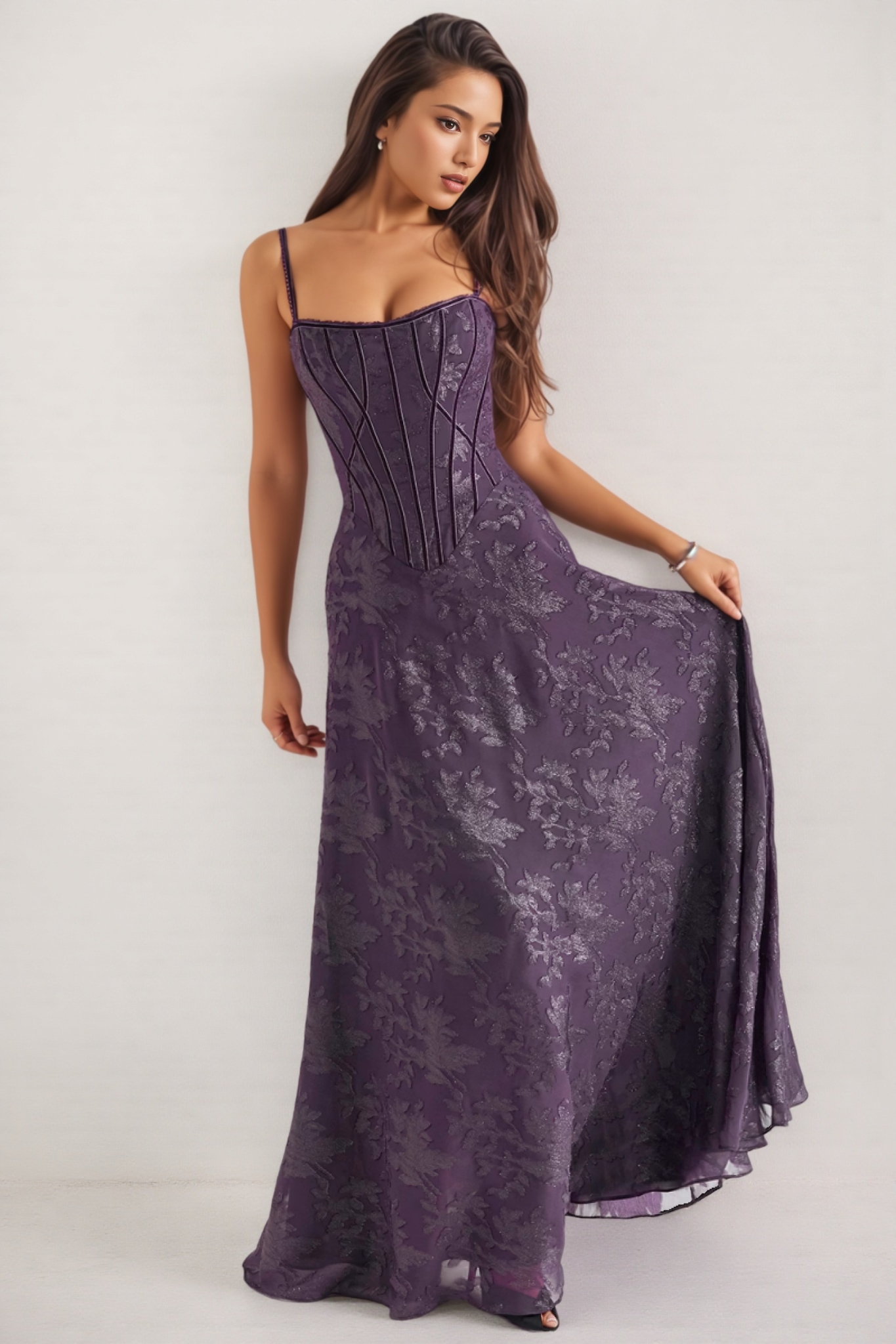 Celeste Purple Sequin Flower Lace Maxi Dress