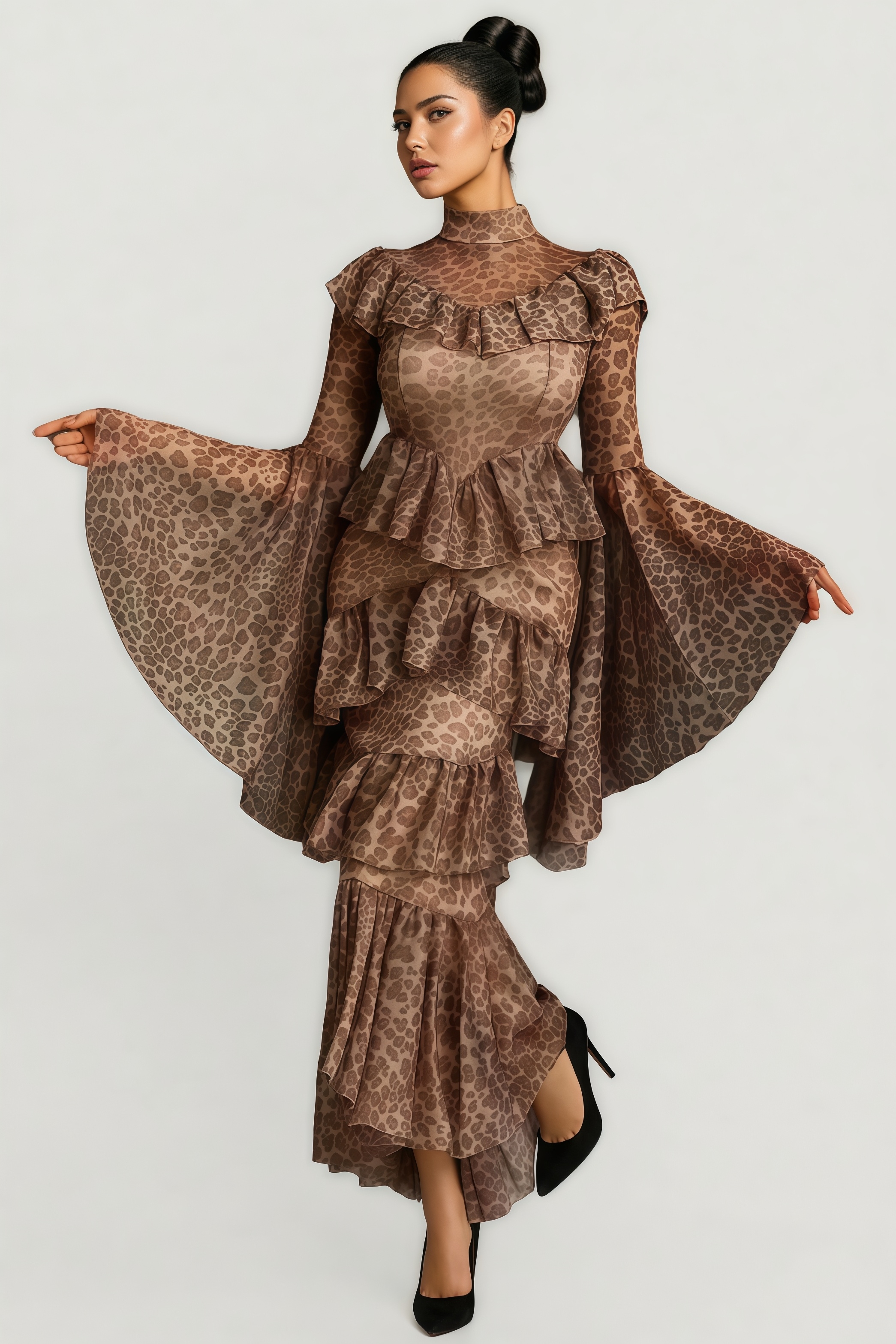 Darlita Bell Sleeve Leopard Midi Dress