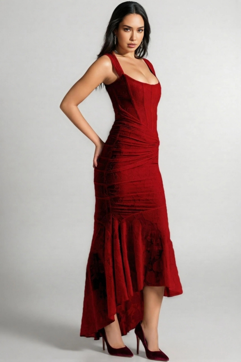 Amrae Red Pleated Sleeveless Floral Maxi Dress