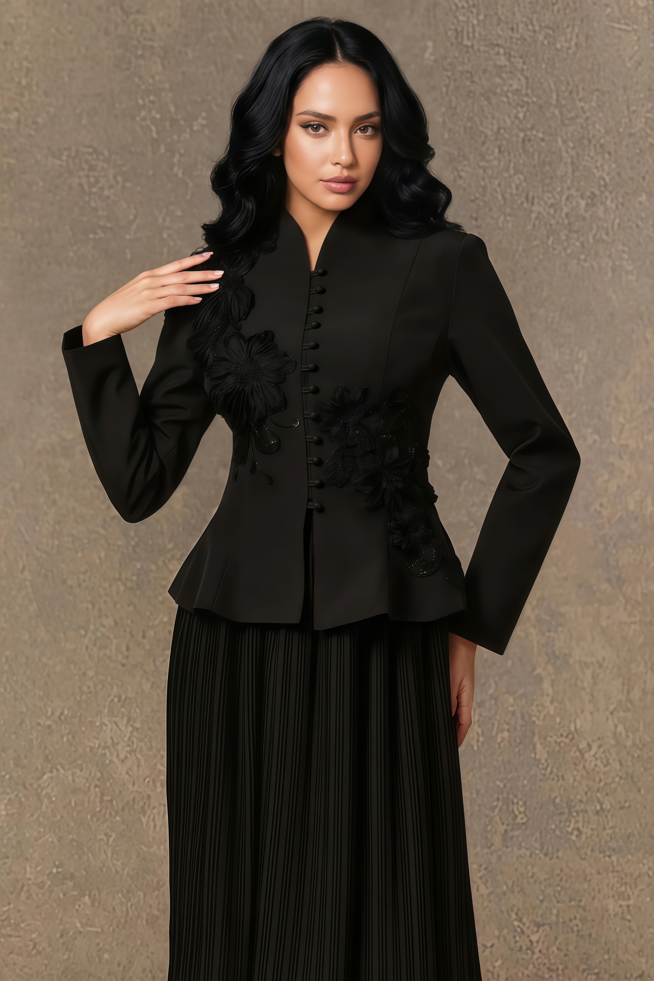Vlyeria Black Lace Embroidered Pleated Maxi Dress Set